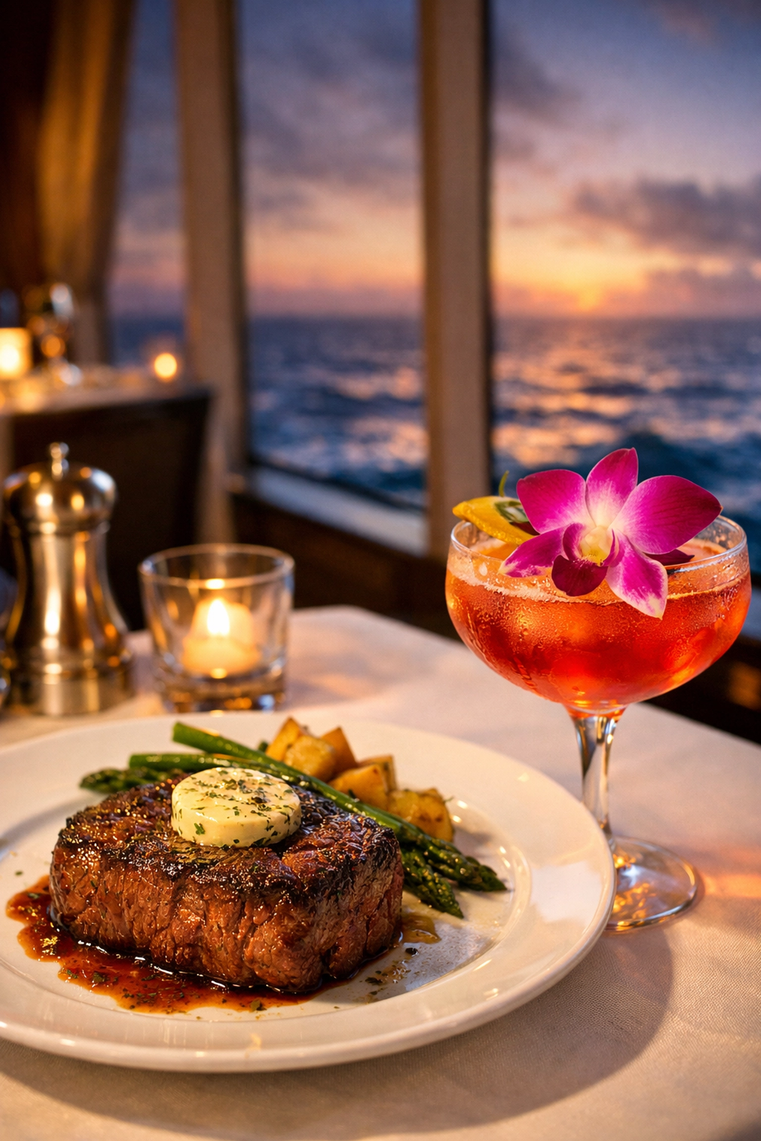 Gourmet specialty dining and craft cocktails at a luxury cruise restaurant with ocean views.