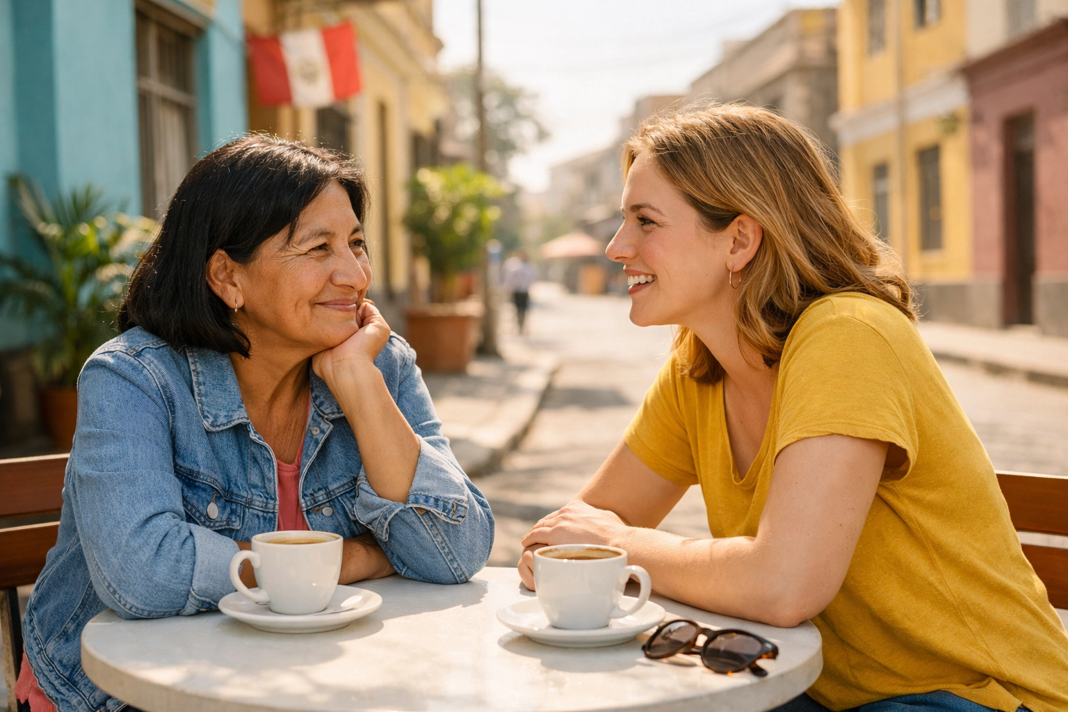 Friends discussing the Gospel and sharing a message of hope at an outdoor café in Lima, Peru.