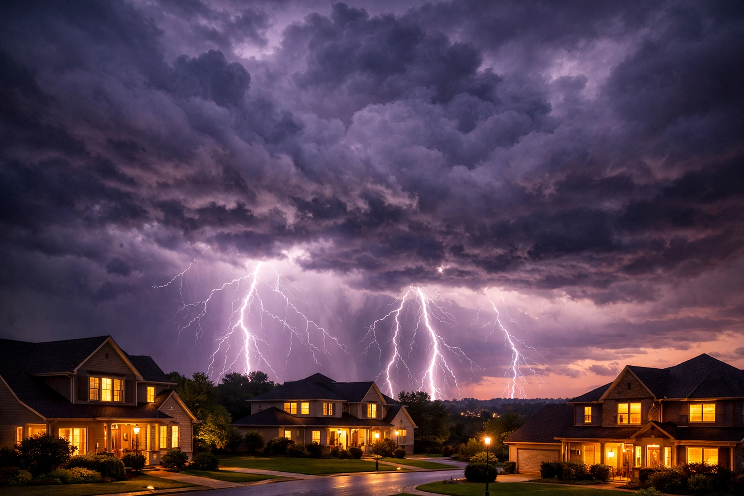 Lightning strikes over Georgia suburban neighborhood during powerful thunderstorm at dusk
