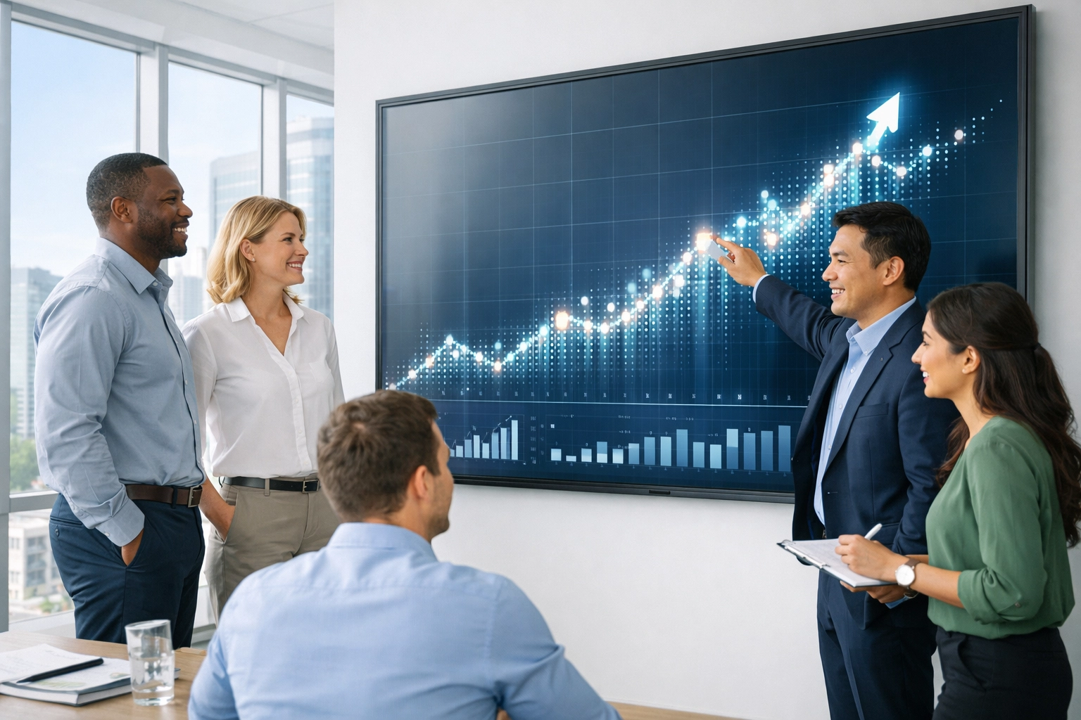 Data-driven analysts monitoring growth metrics for a successful tech lead gen campaign.