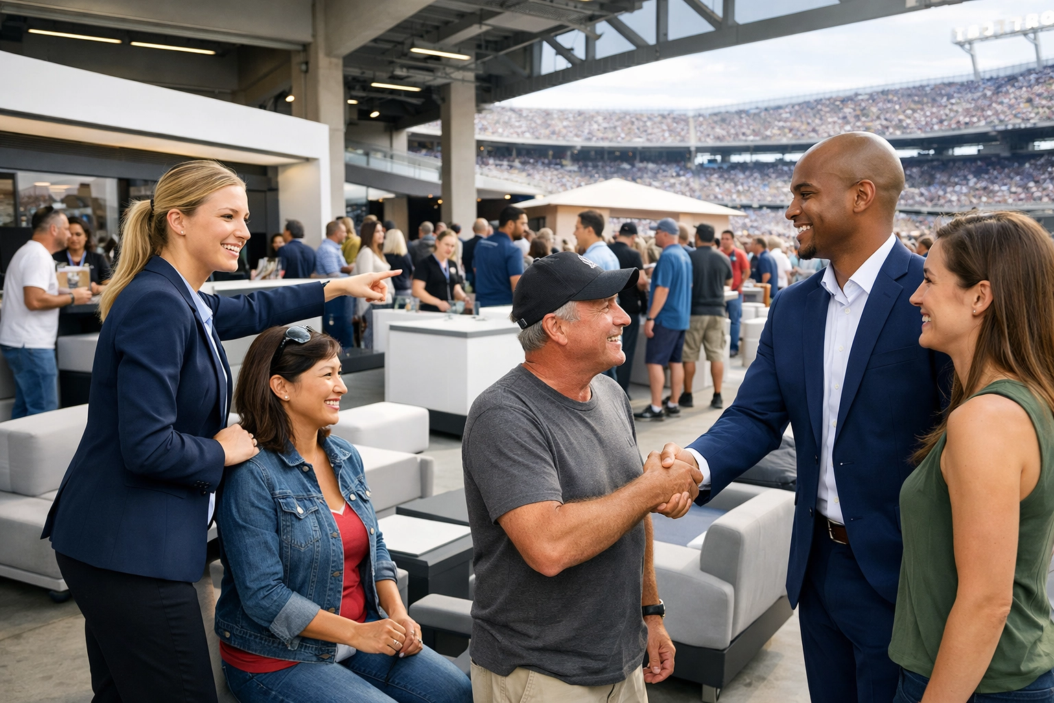 Brand ambassadors and event staff interacting with attendees at a sports event sponsorship activation zone.