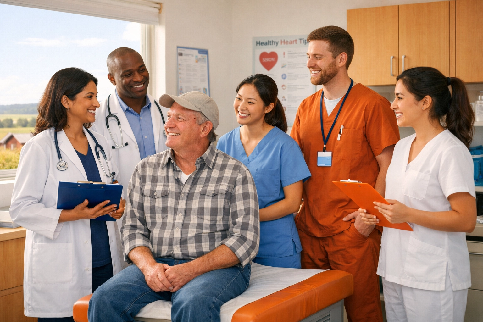 Diverse rural healthcare team providing patient care in a sunlit clinic, showing continuity of care solutions.