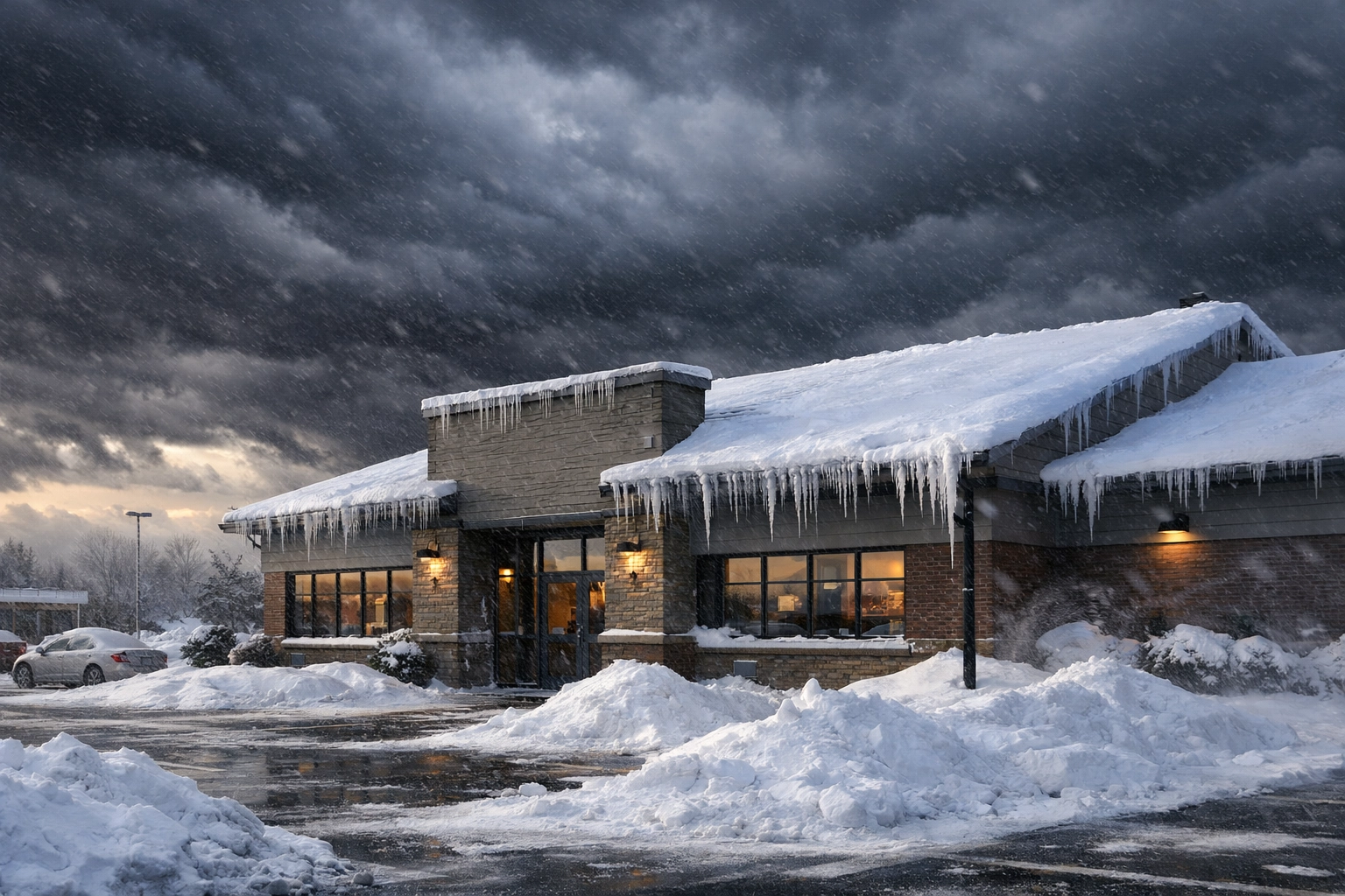 Commercial building with snow damage in Northeast Ohio winter storm