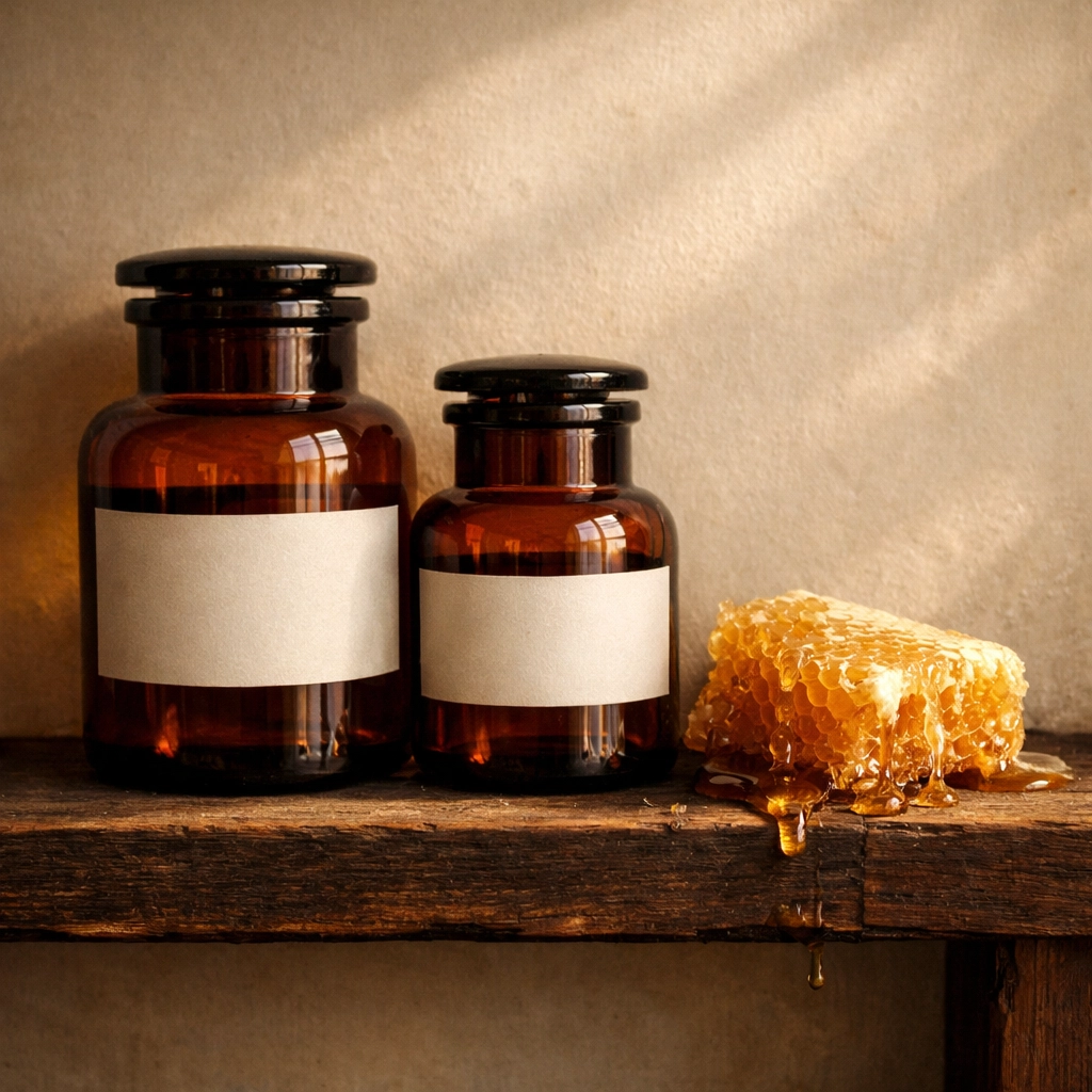 Minimalist NECTR skincare jars displayed next to natural raw honeycomb on a wooden shelf.