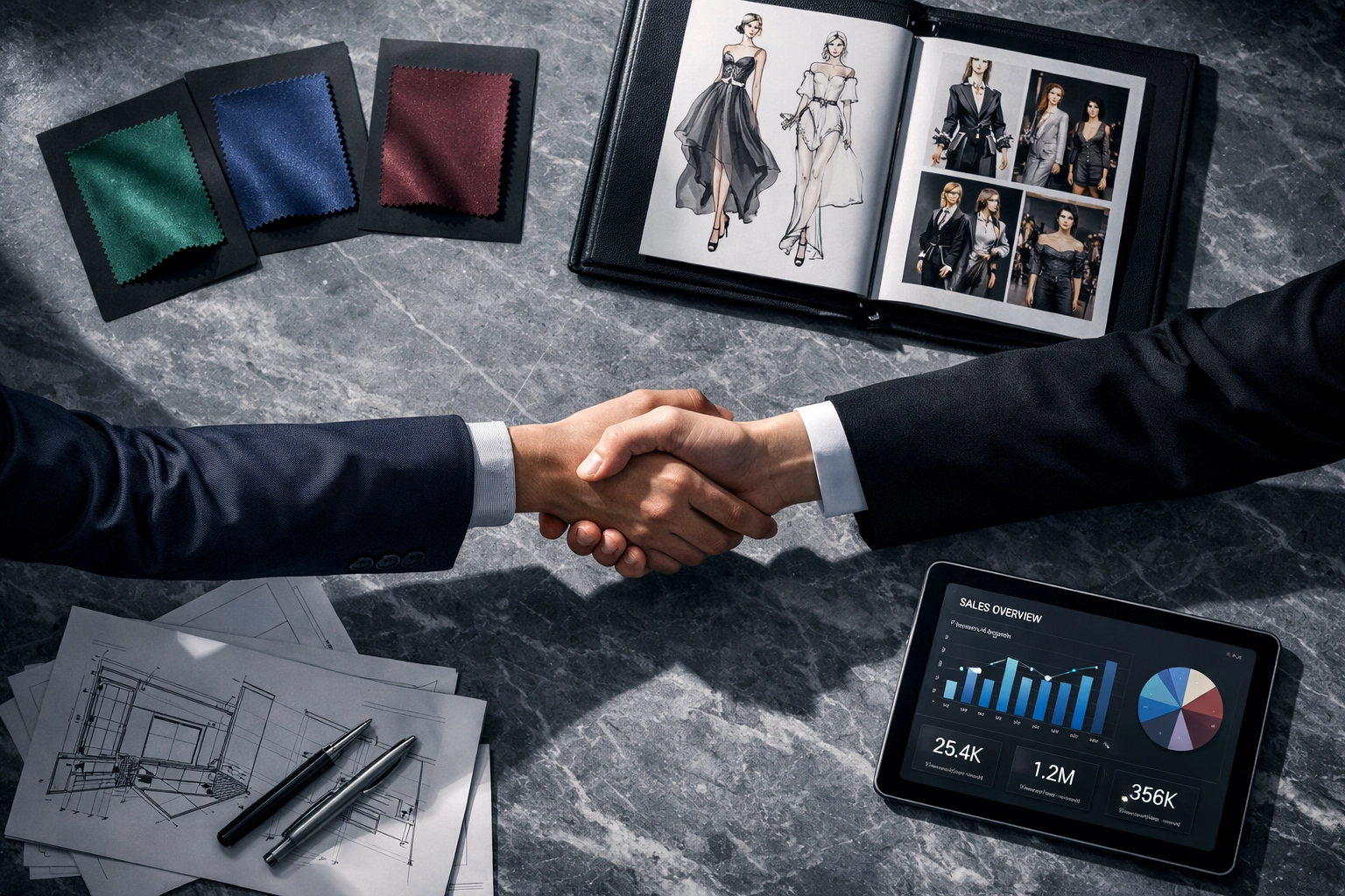 Fashion broker meeting with fabric swatches and designer portfolio on marble table