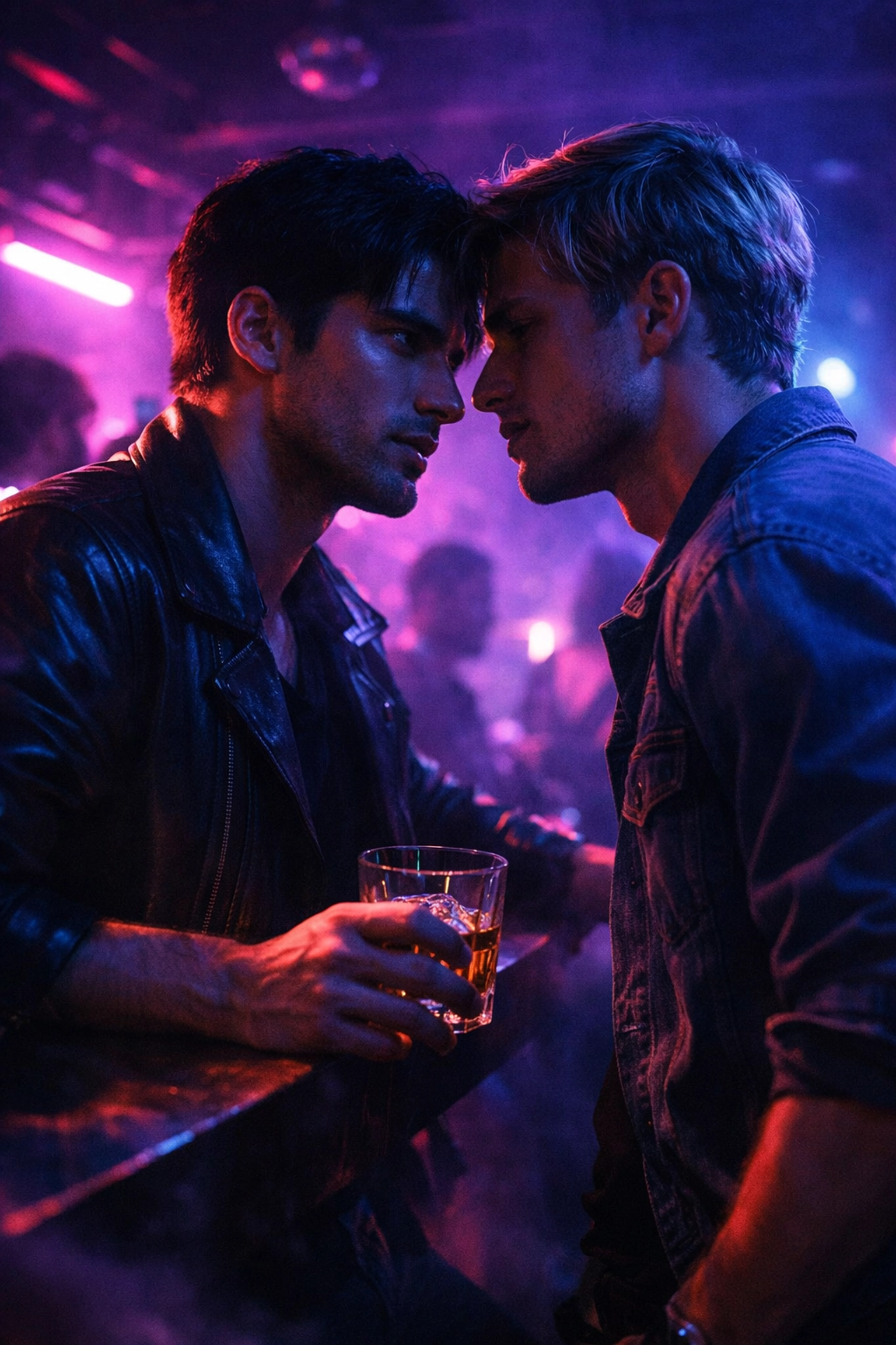 Two men share intense chemistry in neon-lit nightclub - MM romance nightlife scene