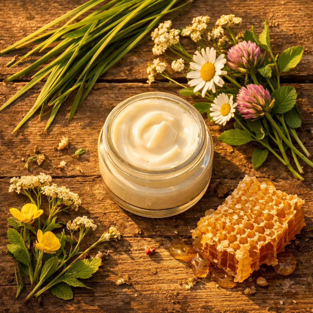 Grass-fed tallow balm jar surrounded by natural pasture elements and wildflowers