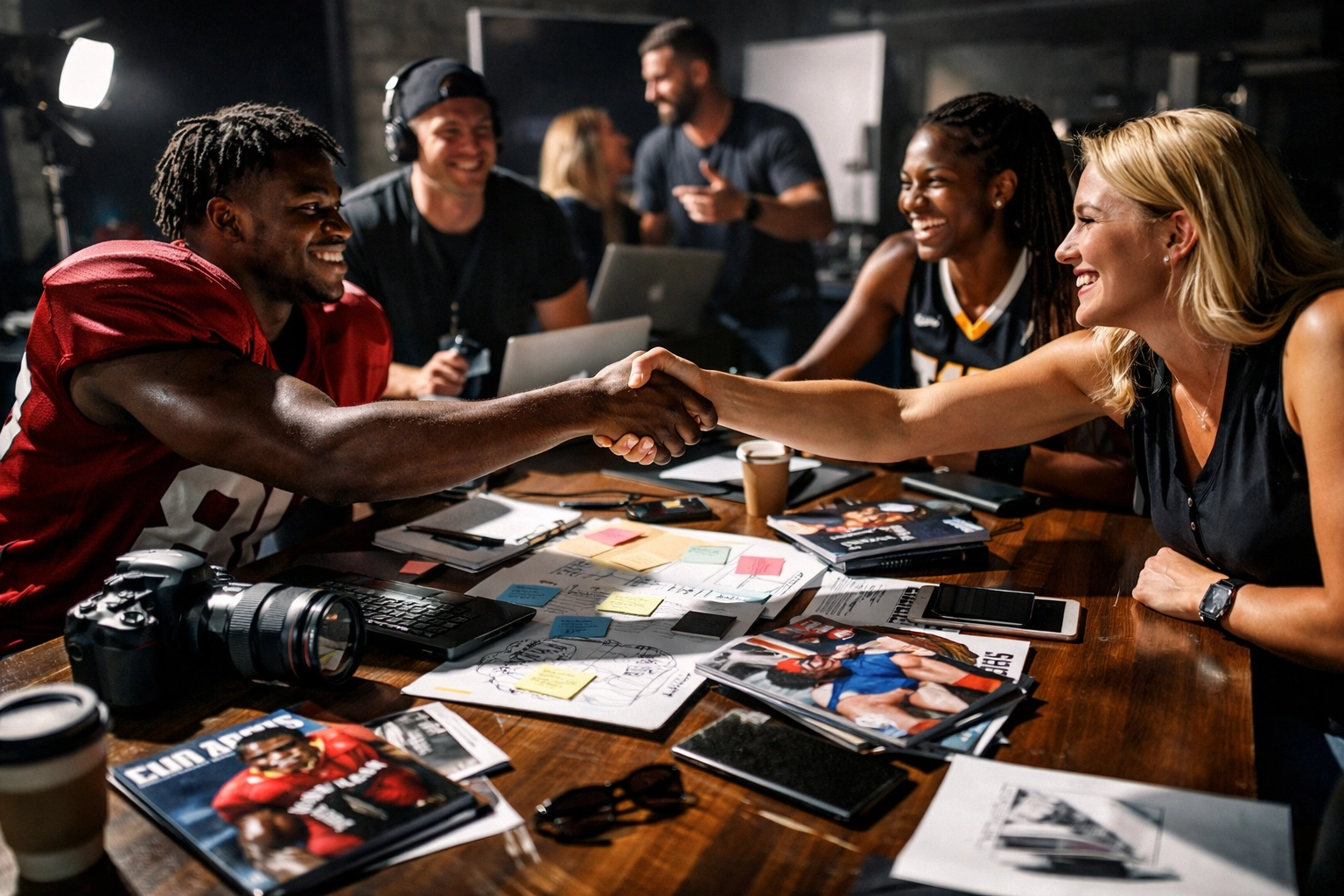 College athletes collaborating with brand marketing team on authentic NIL content creation strategy