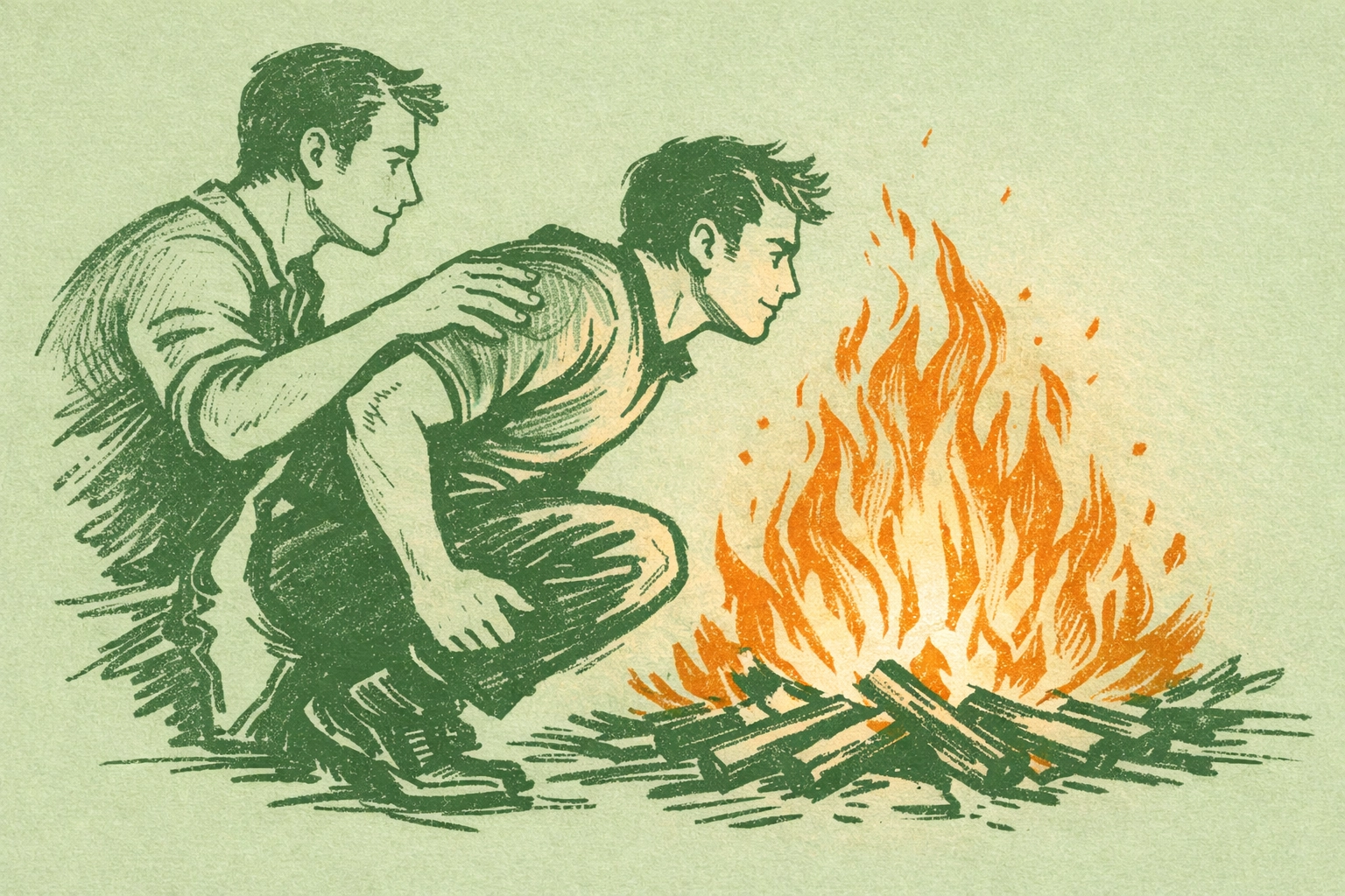 Two men fire jumping at Midsummer bonfire showing trust and courage in ancient gay tradition