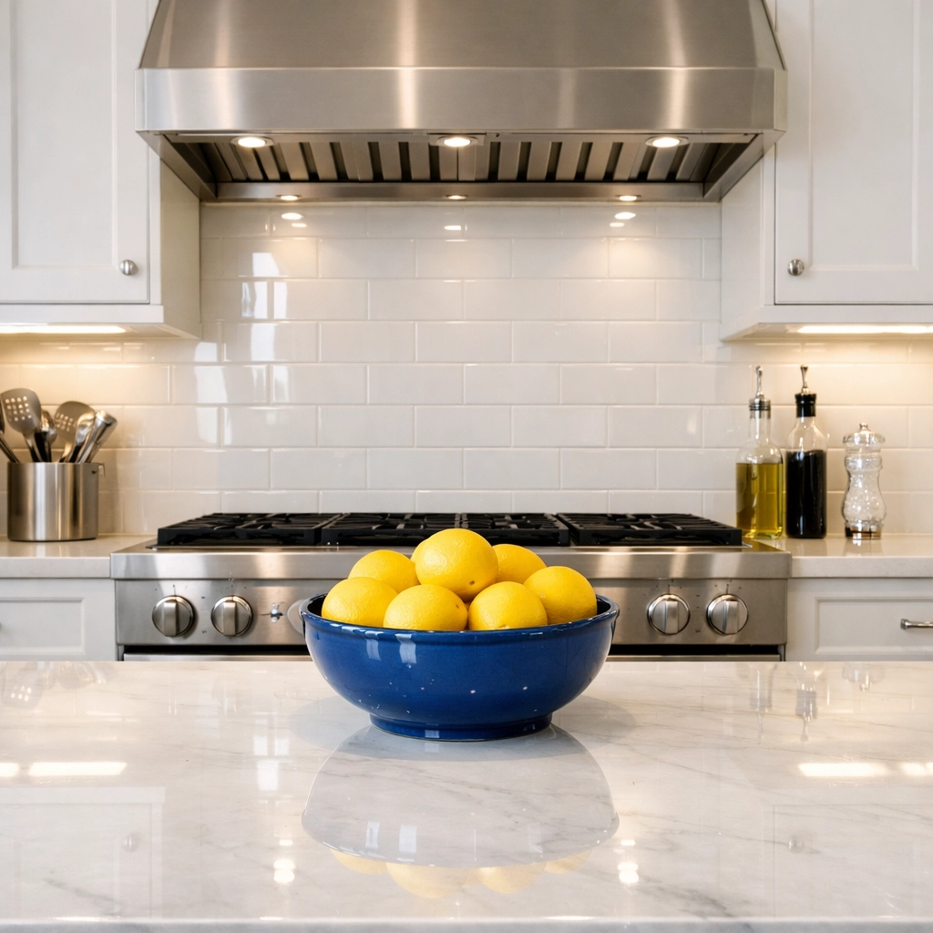 Gleaming marble kitchen in a brownstone after a thorough deep Apartment Cleaning Boston service.
