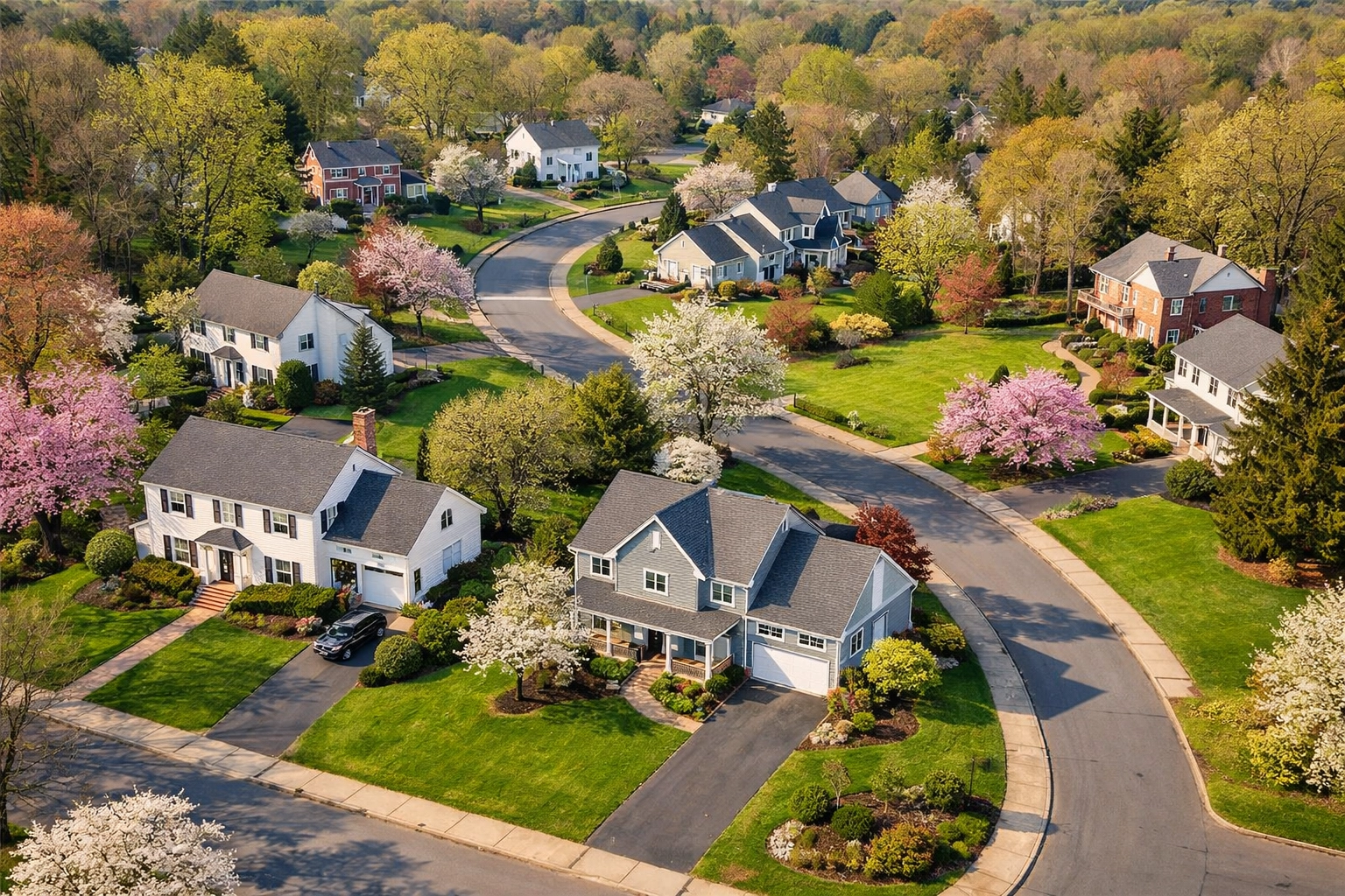 Aerial view of Connecticut suburban neighborhood showing homes in stable 2026 real estate market