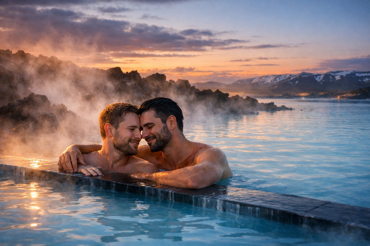 Gay couple enjoying Blue Lagoon geothermal spa on Iceland honeymoon