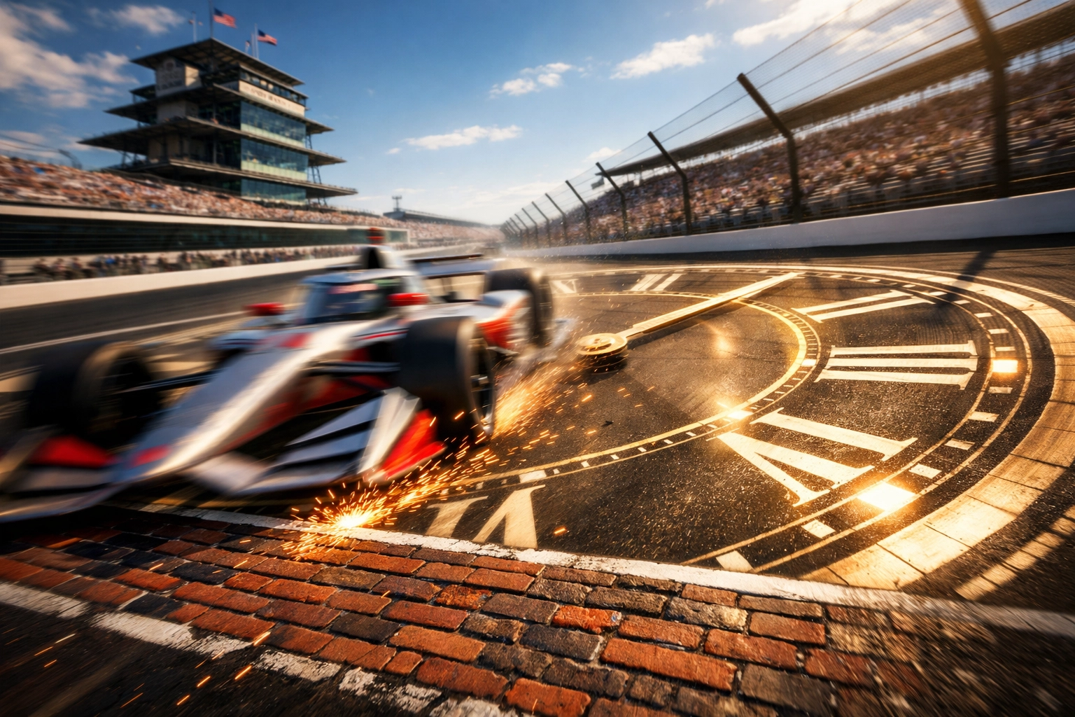 A race car speeds across the yard of bricks at Indianapolis Motor Speedway track shaped like a clock.