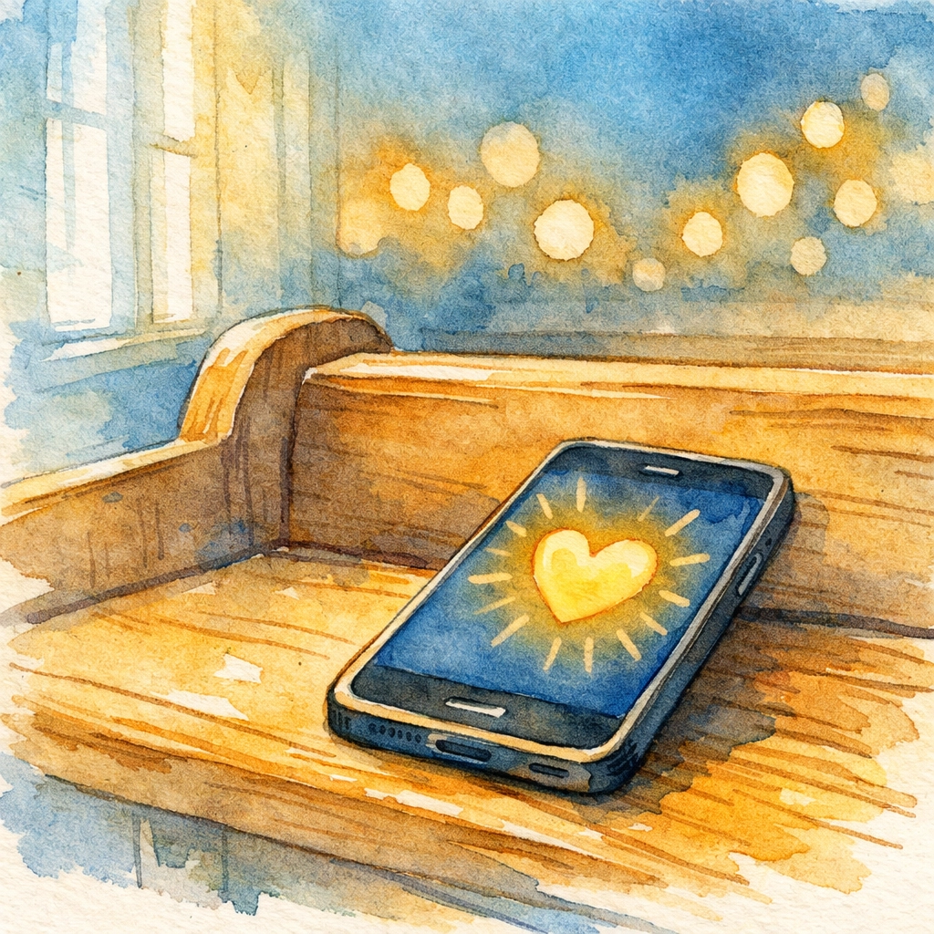 Smartphone on church pew displaying heart icon for digital ministry storytelling