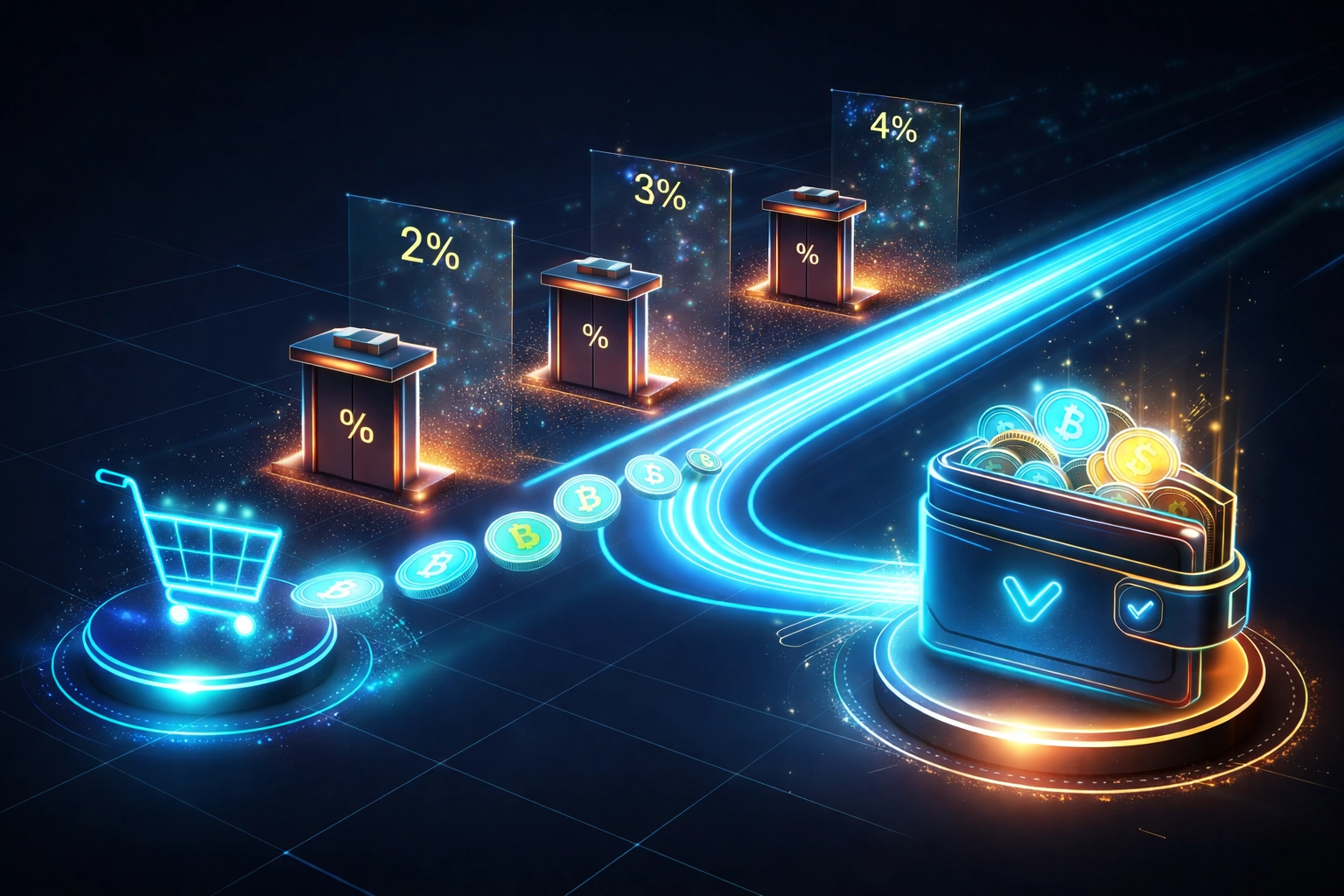 Visual comparison of crypto payment flow with Larecoin, highlighting how merchants reduce interchange fees by bypassing traditional barriers.