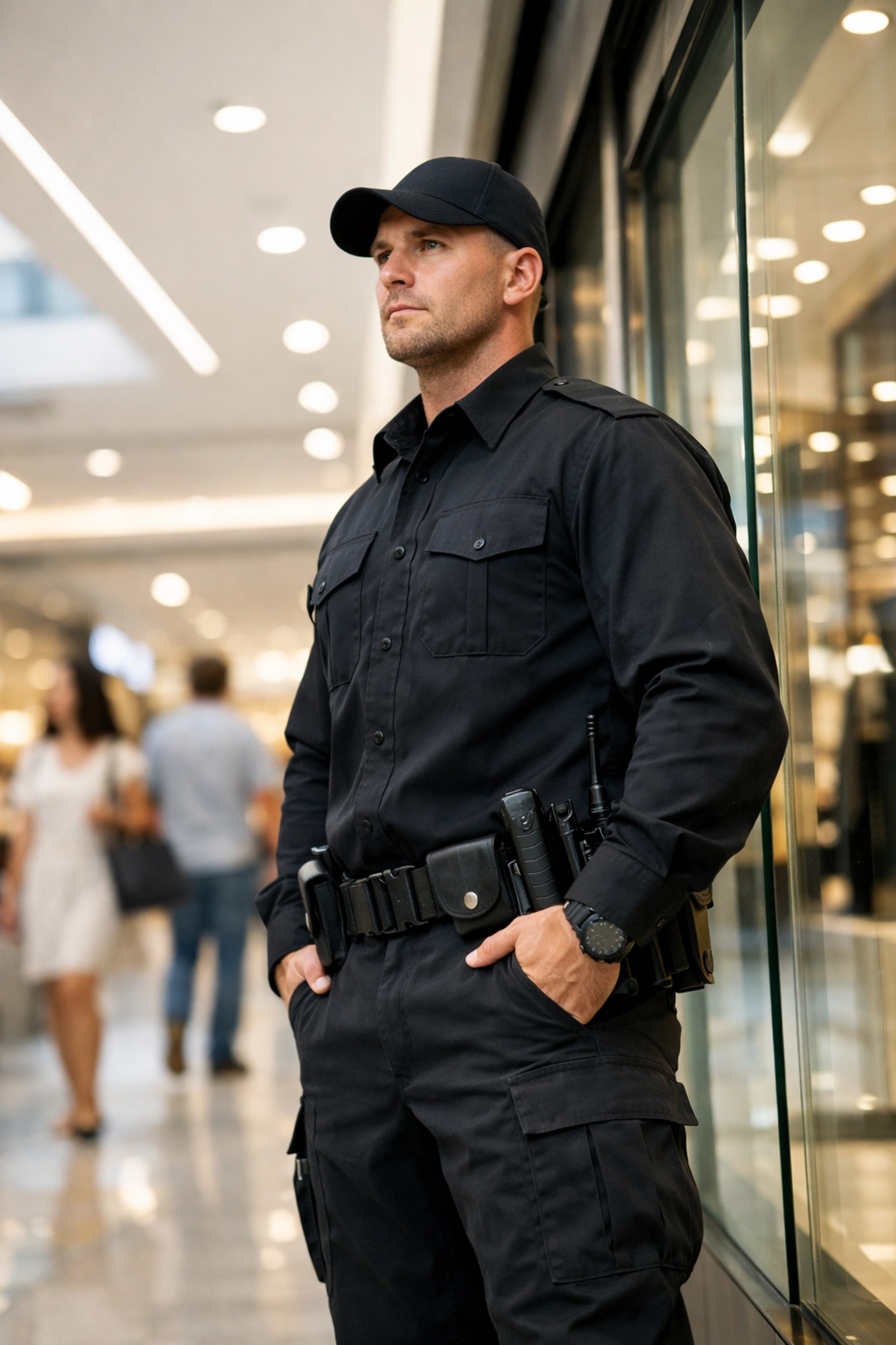 Professional manned guarding personnel providing visible retail security in a modern UK shopping mall.