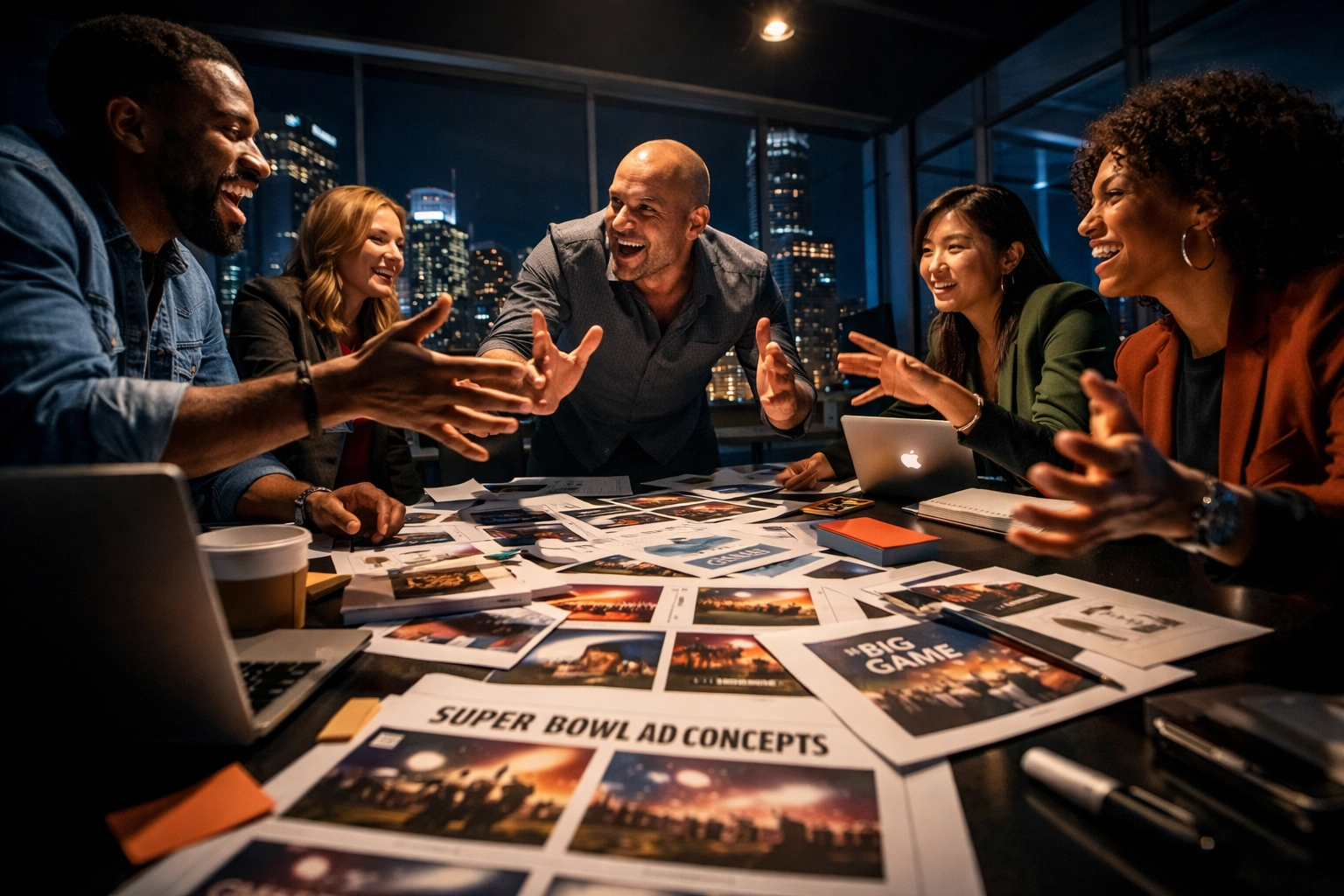 Marketing team developing Super Bowl branding strategy and campaign innovations at Sports Media Inc