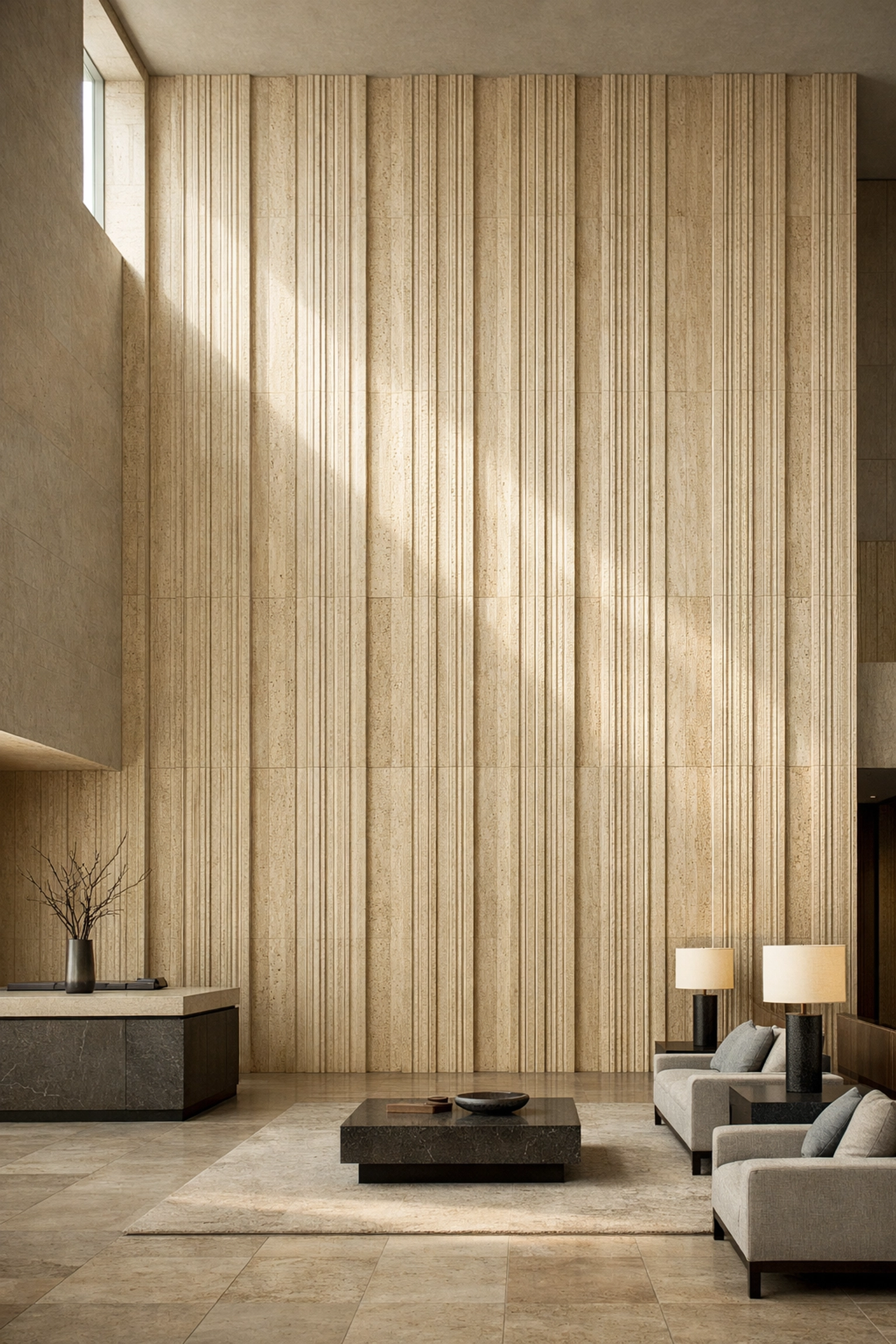 Panneaux muraux ignifuges de la marque ECO-FLEXI MCM de Flexible Natural Stone™ par Angkop Corp dans un hall d'hôtel.