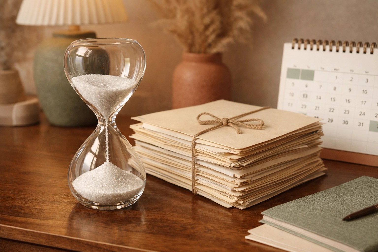Hourglass and organized case files representing the timeline for spousal support in Virginia.