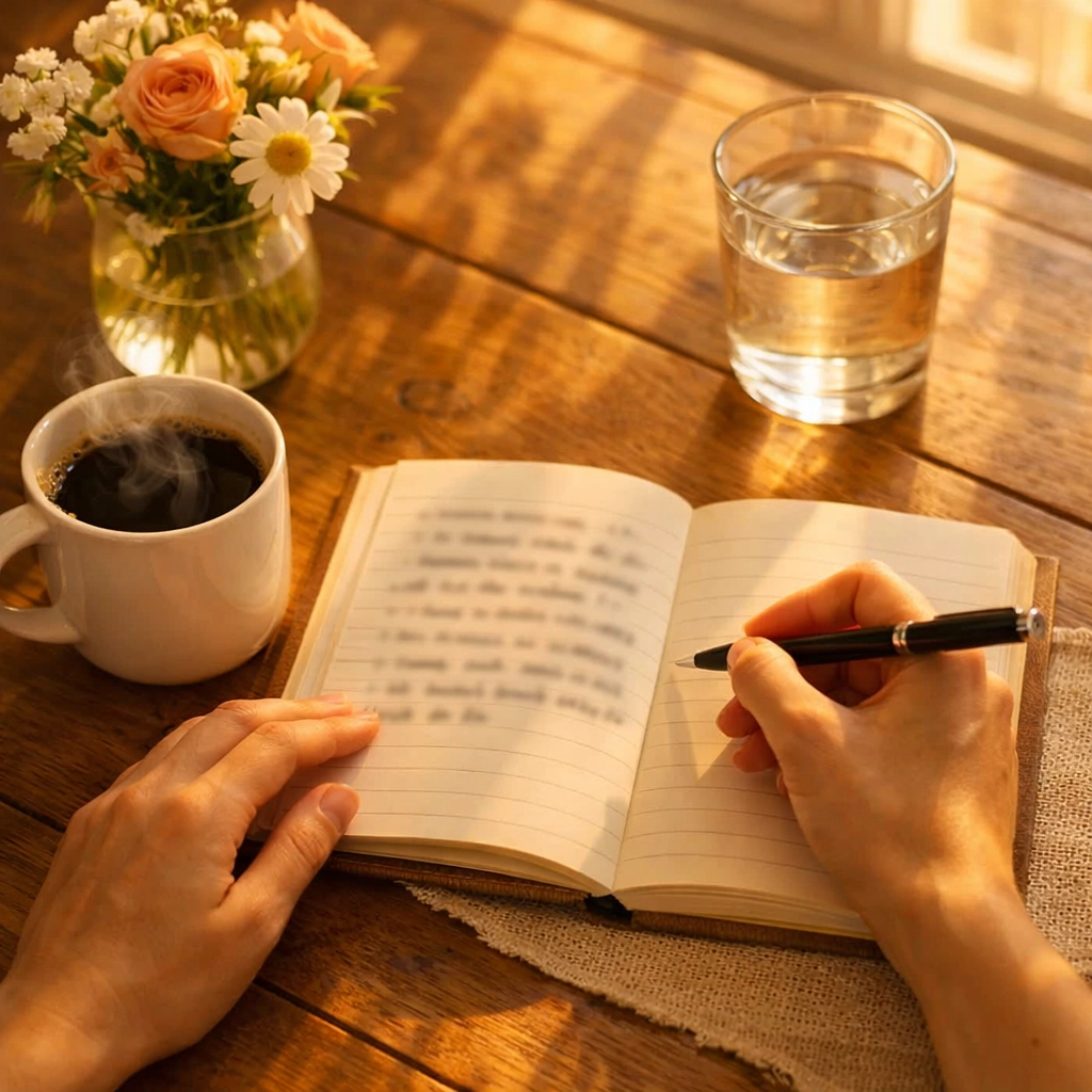 Person writing in gratitude journal during morning routine with coffee