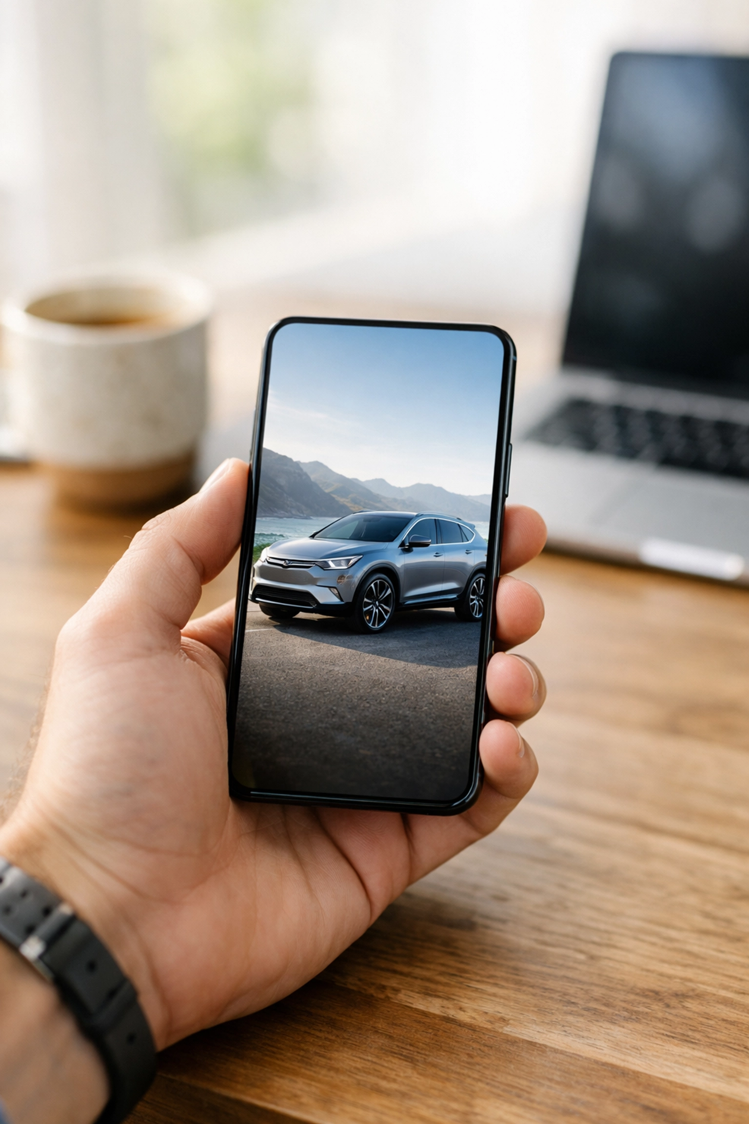 Luxury electric SUV displayed on a smartphone representing a modernized digital shopping experience for car buyers.