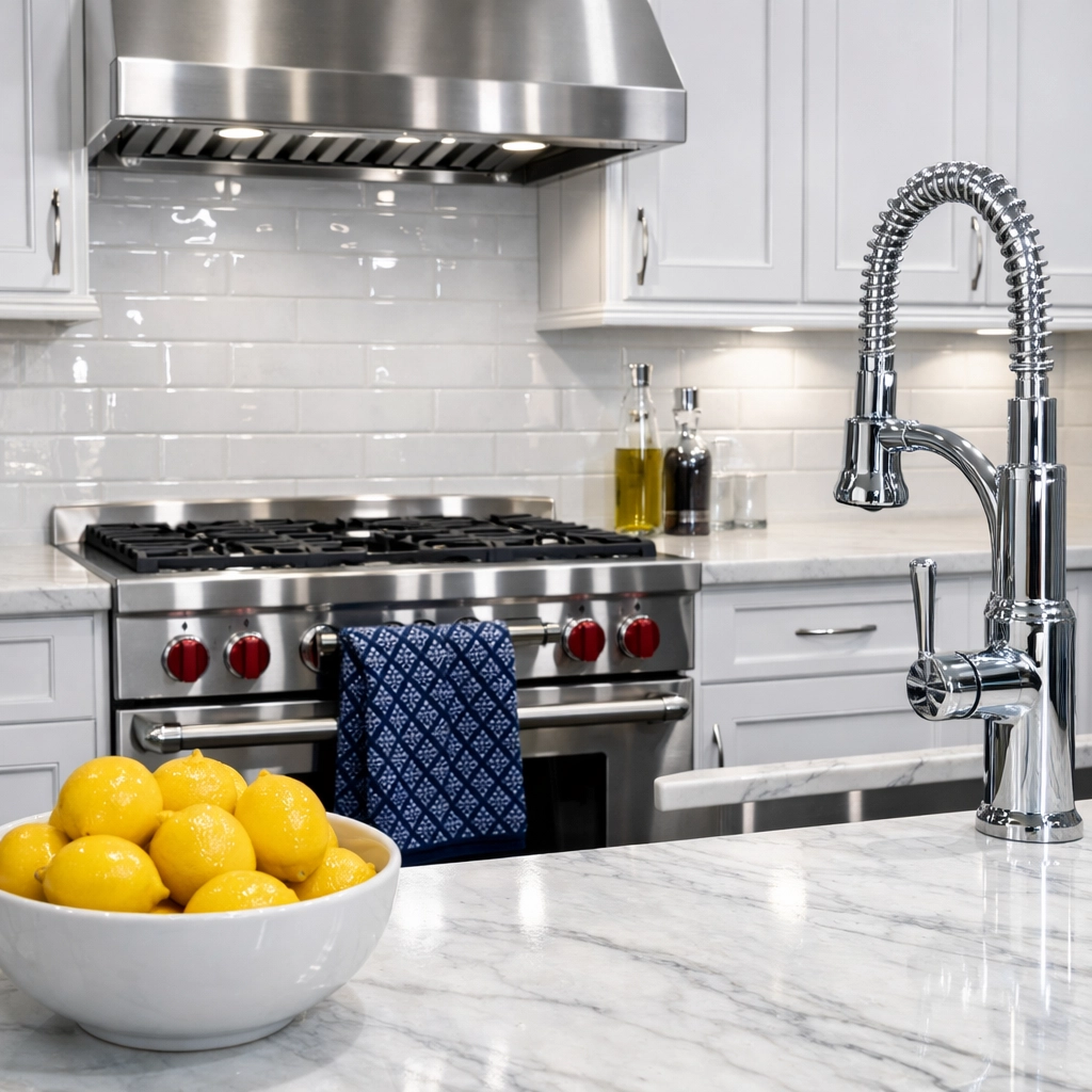 Spotless gourmet kitchen featuring polished appliances following a deep cleaning Wellesley MA strike.