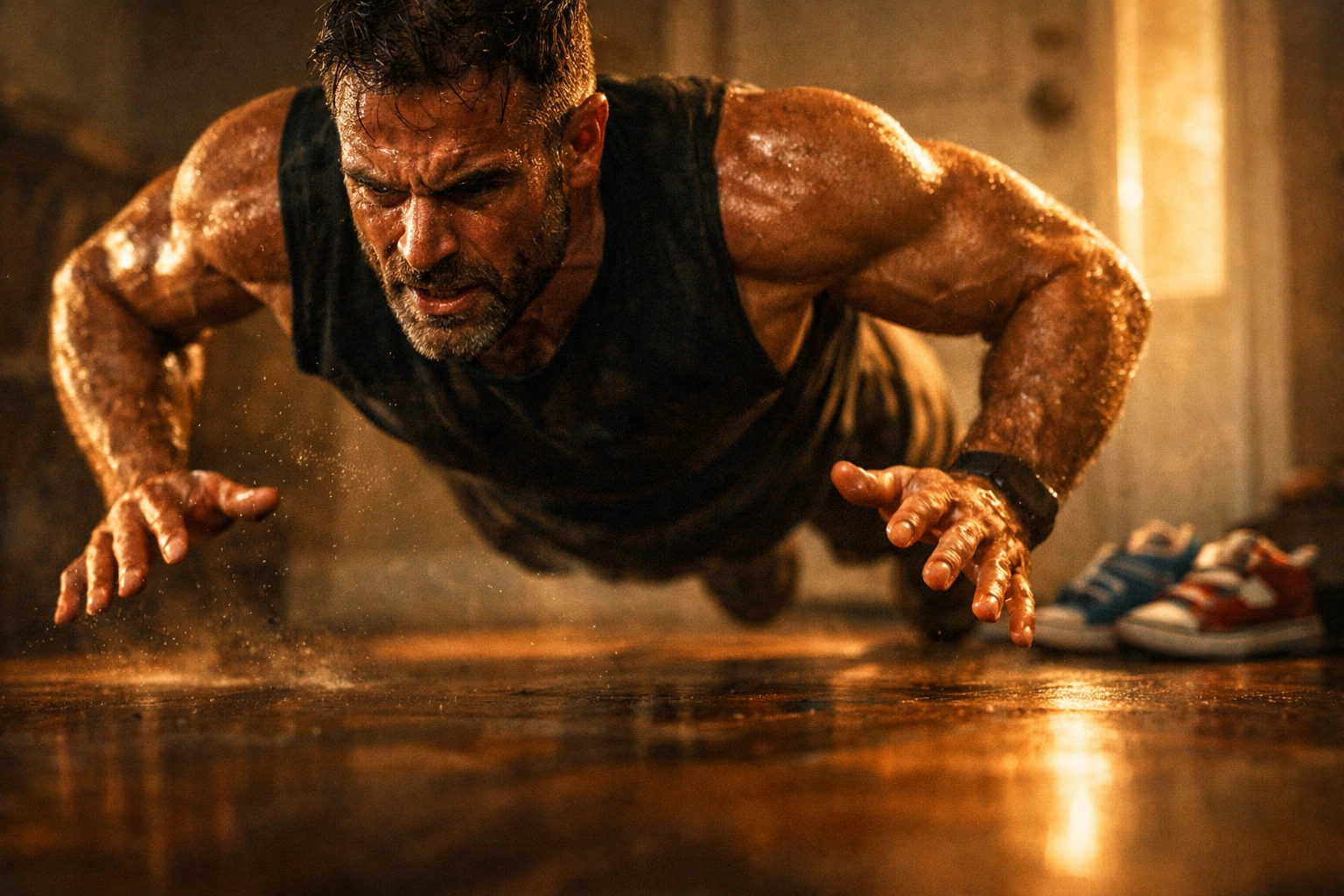 Father doing pushups at home near children's shoes, prioritizing health in a morning routine for success.