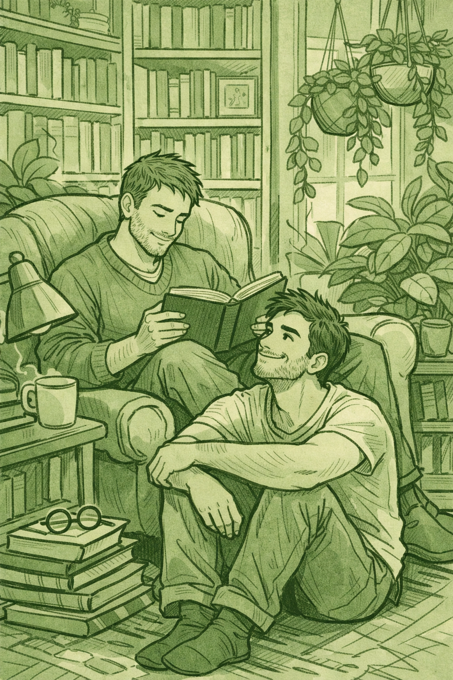 Two men reading MM romance books together in a cozy library, capturing a heartfelt gay love story.