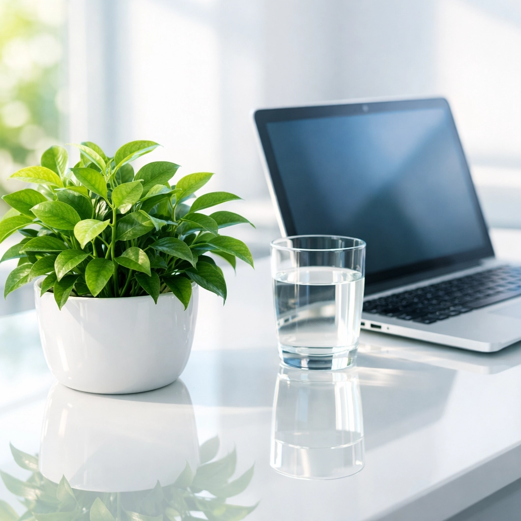 A clean, dust-free office workstation with a green plant, representing a healthy workplace environment.
