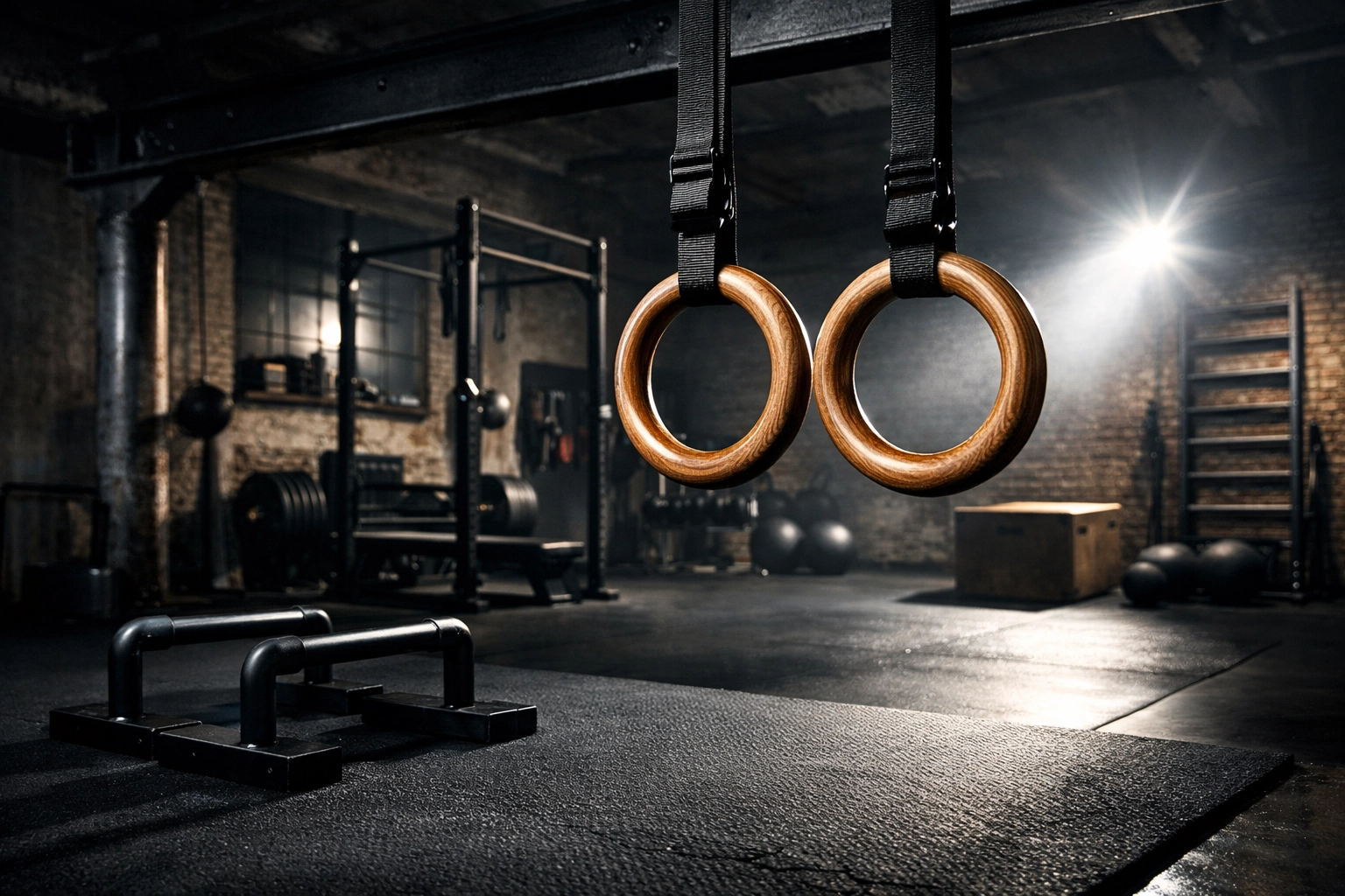 Premium calisthenics equipment including gymnastic rings and parallettes for a high-performance home gym.