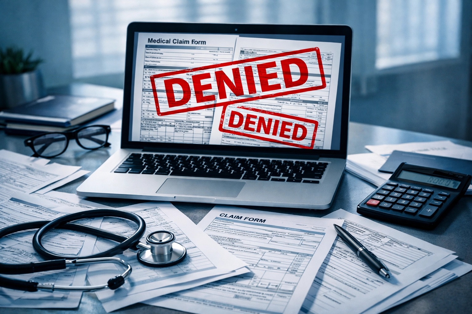 Medical claim forms stamped denied on desk with stethoscope showing AI health insurance rejections