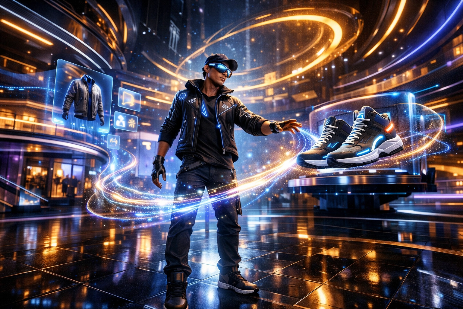 Avatar using AI-powered payments in a futuristic metaverse retail store with holographic displays.