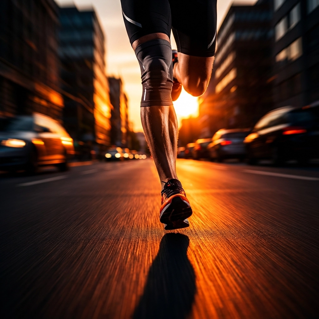 Runner’s legs mid-stride on track with focus on knee, symbolizing healthy pain-free running and knee care