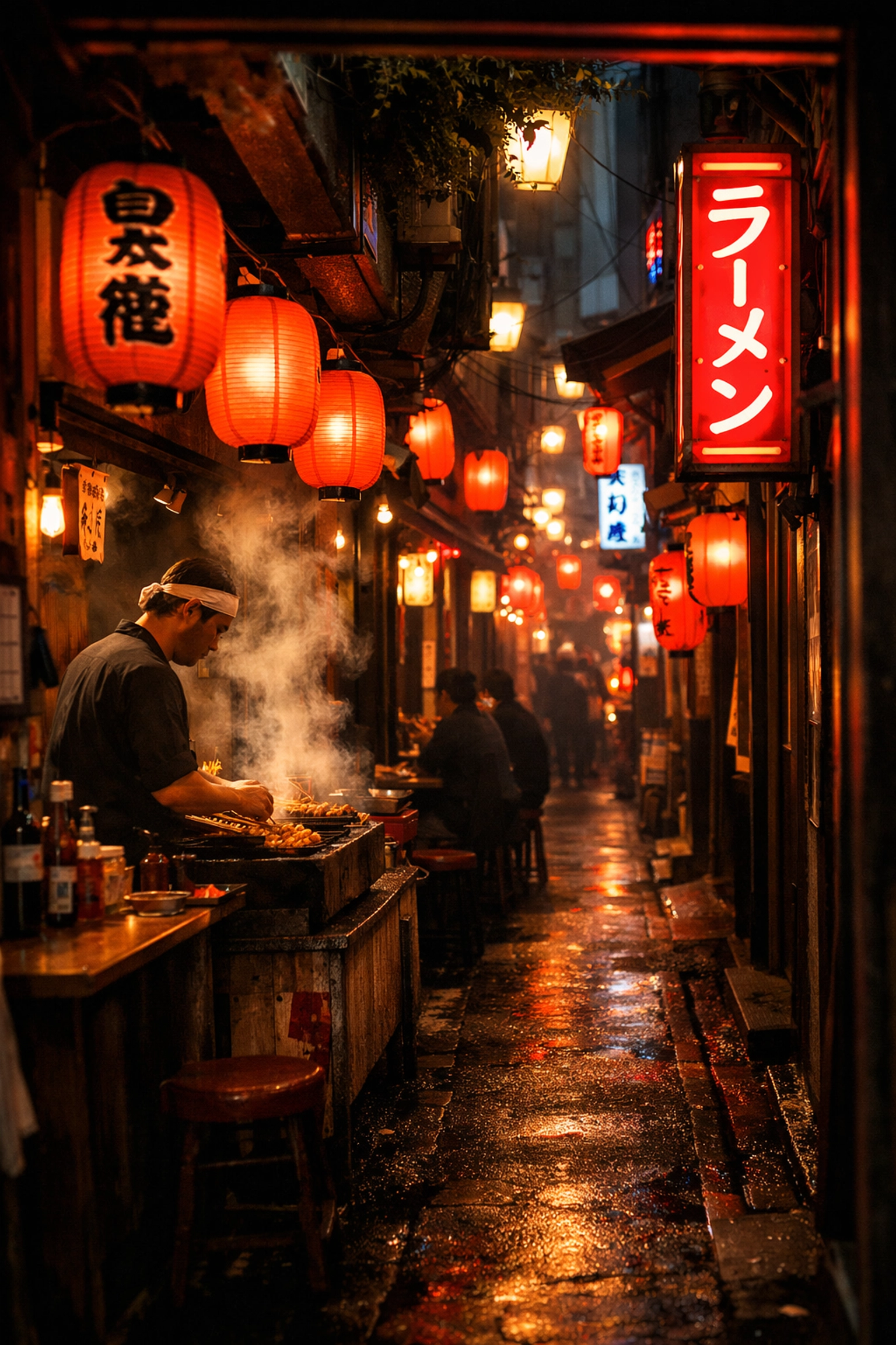 A narrow Tokyo alleyway at night with glowing red lanterns and steam rising from a street food stall.