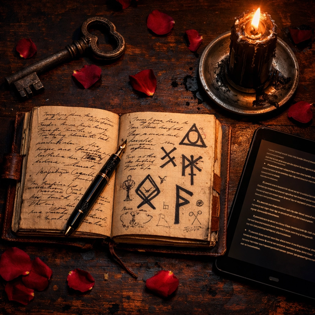 Moody writer's desk with a journal and tablet, representing the creative process for dark fantasy novels.