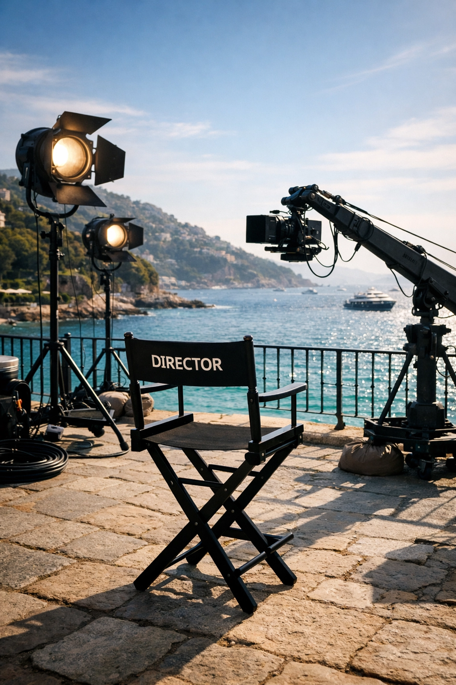 Film production set with a director's chair overlooking the French Riviera for The White Lotus.