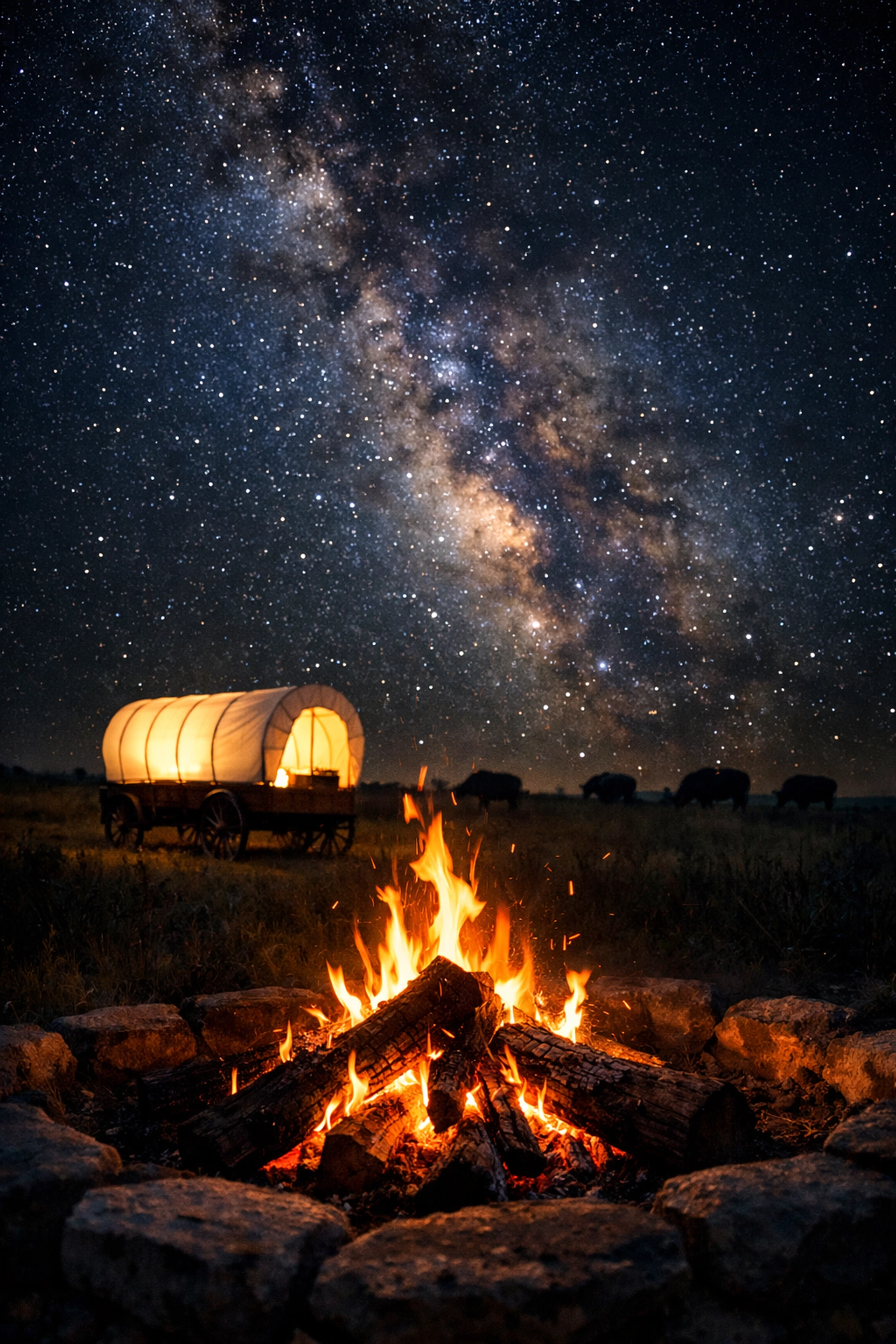 Evening fire pit under starry Iowa sky with illuminated Conestoga wagon and bison