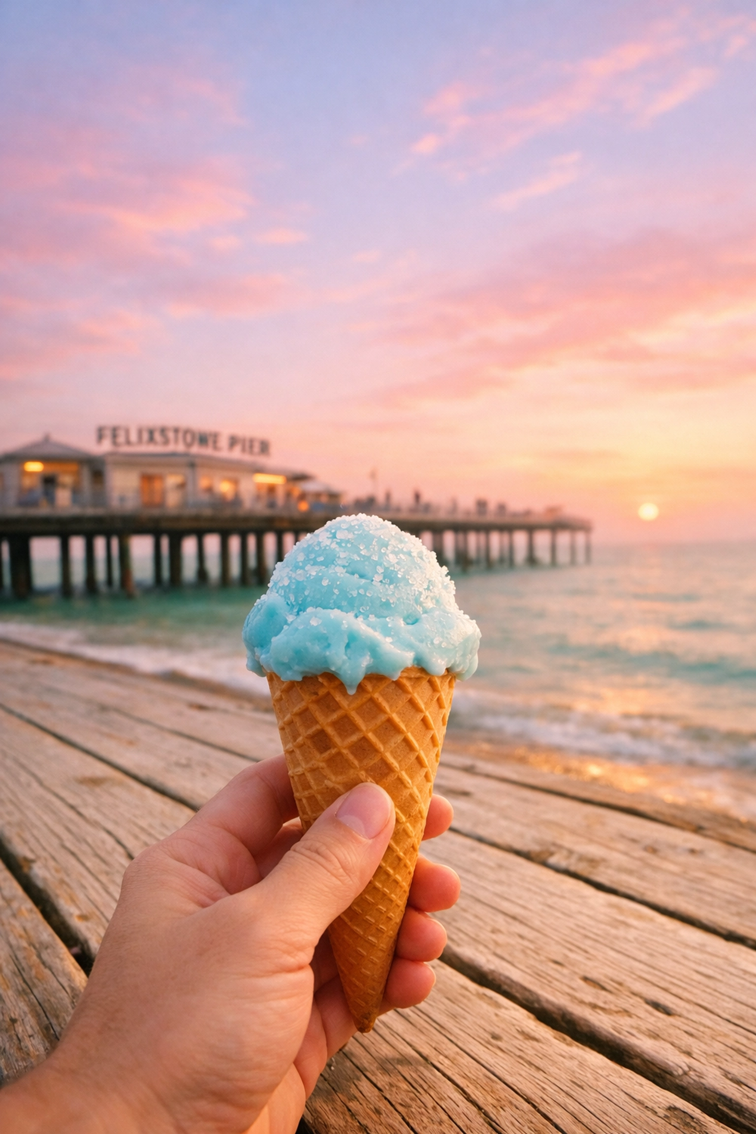 A sea salt ice cream cone held in front of the Felixstowe pier during a dreamy seaside sunset.
