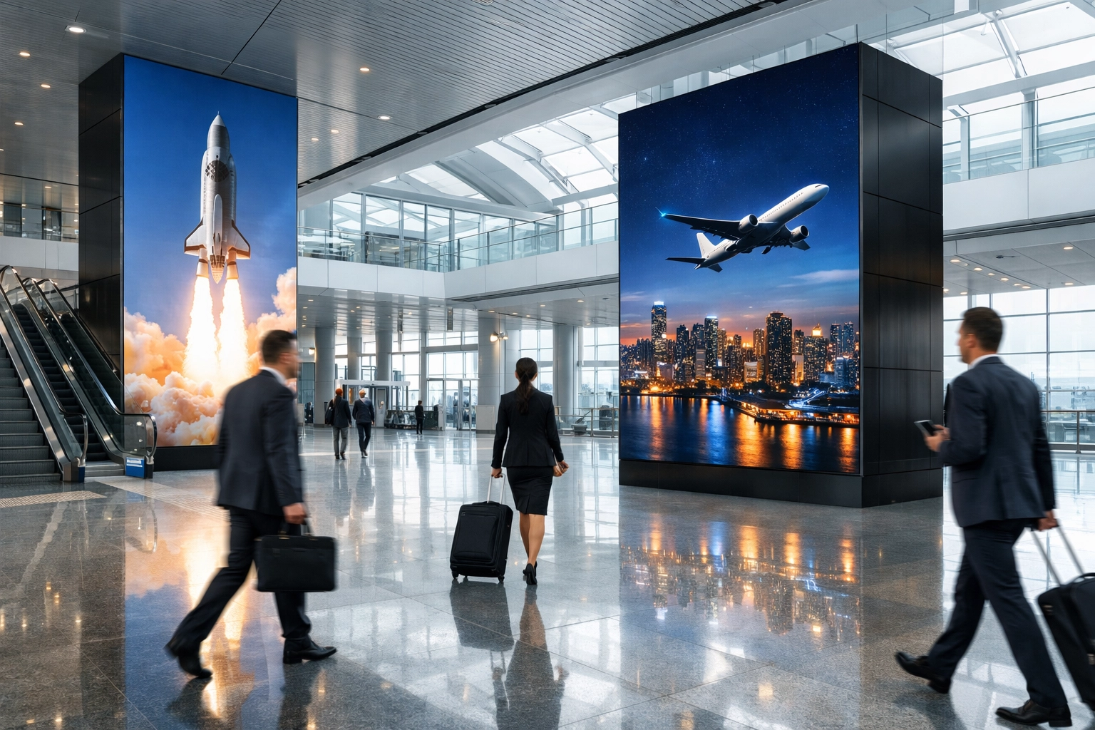 Professional digital media pillars in a transit hub showcasing Dakdan Worldwide scaling across 12 diverse sectors.