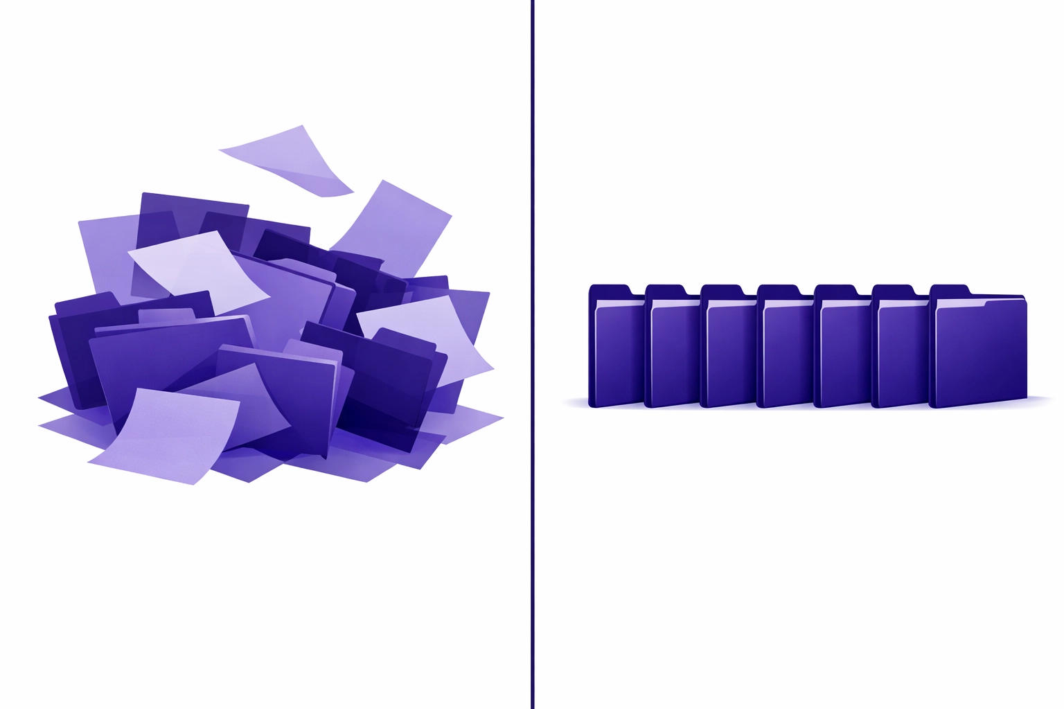 Before and after bookkeeping cleanup showing disorganized versus organized financial records
