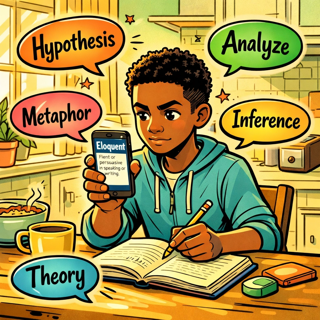 Young student learning daily vocabulary word with smartphone and notebook at home