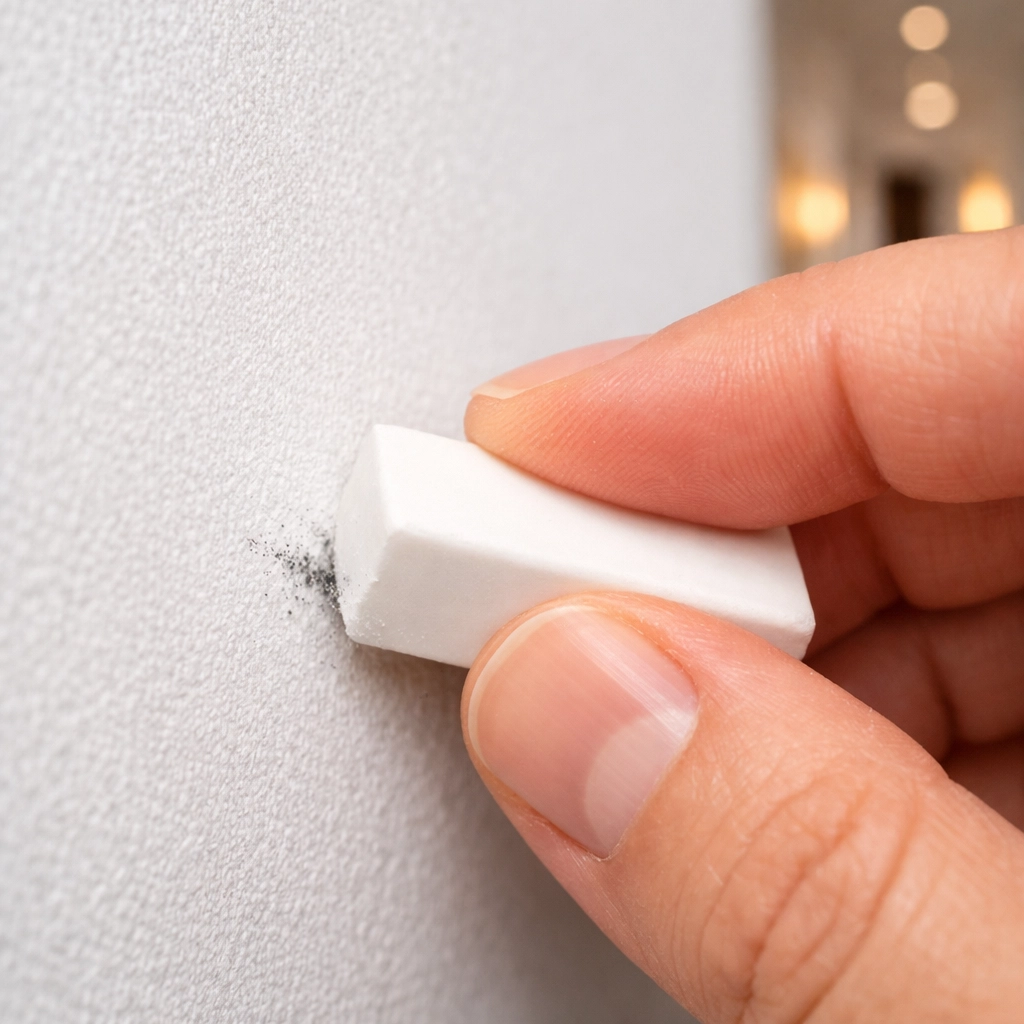 Using a white art eraser to gently remove light crayon or pencil marks from a pristine white wall.