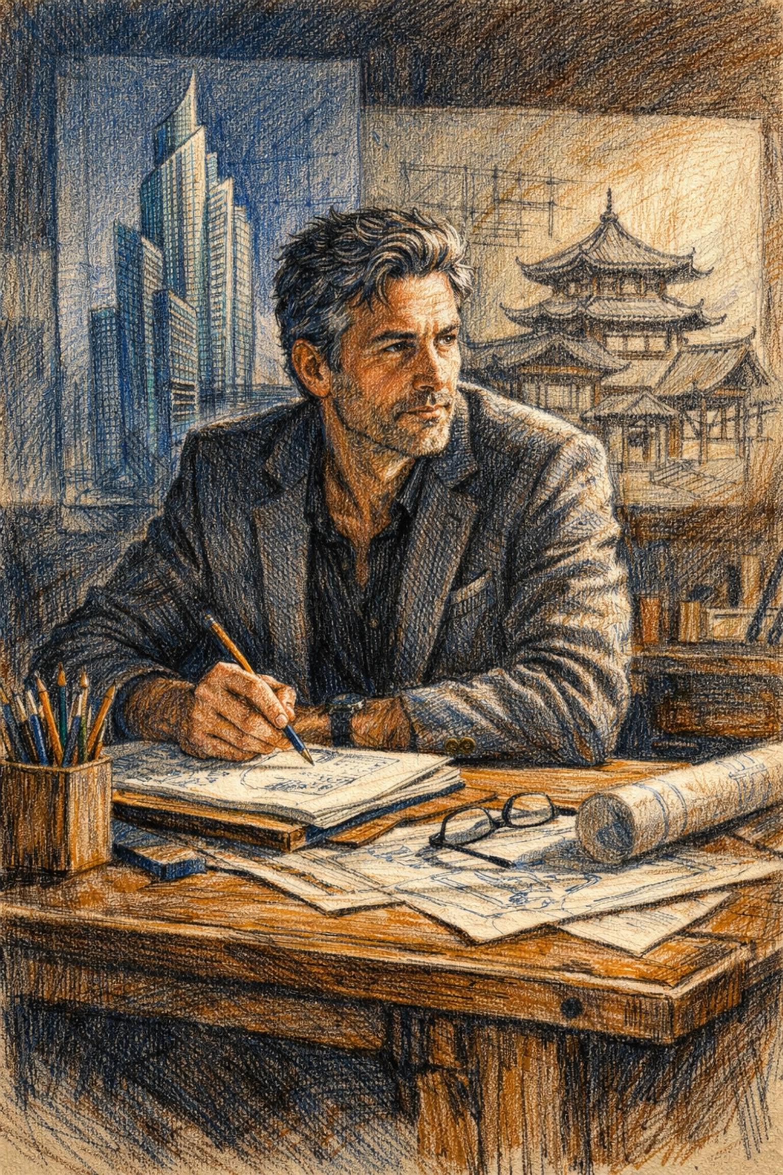 Architect André Fu in his design studio planning luxury hospitality projects.