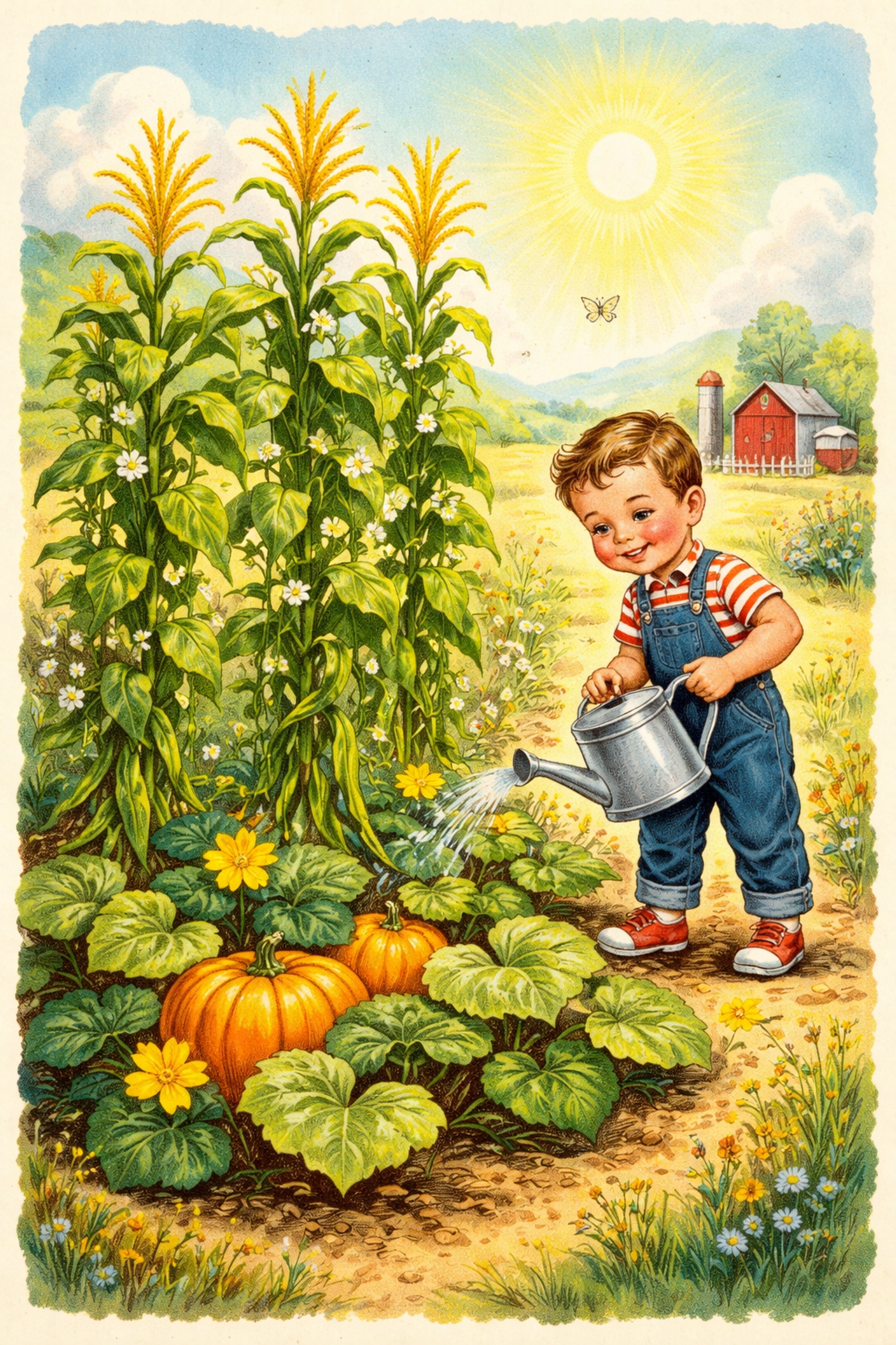 Child watering a thriving Three Sisters garden with tall corn, climbing beans, and spreading squash vines in summer
