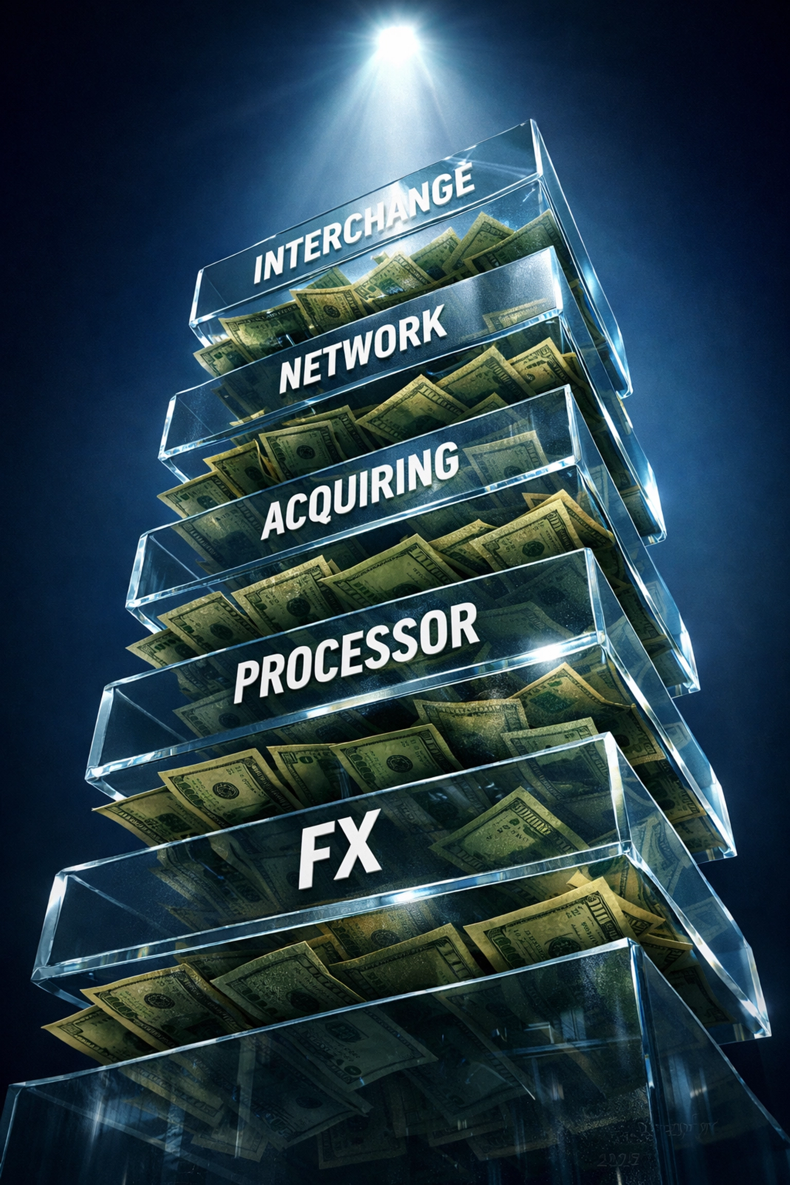 Stacked layers of merchant interchange fees eating into business revenue with traditional processors