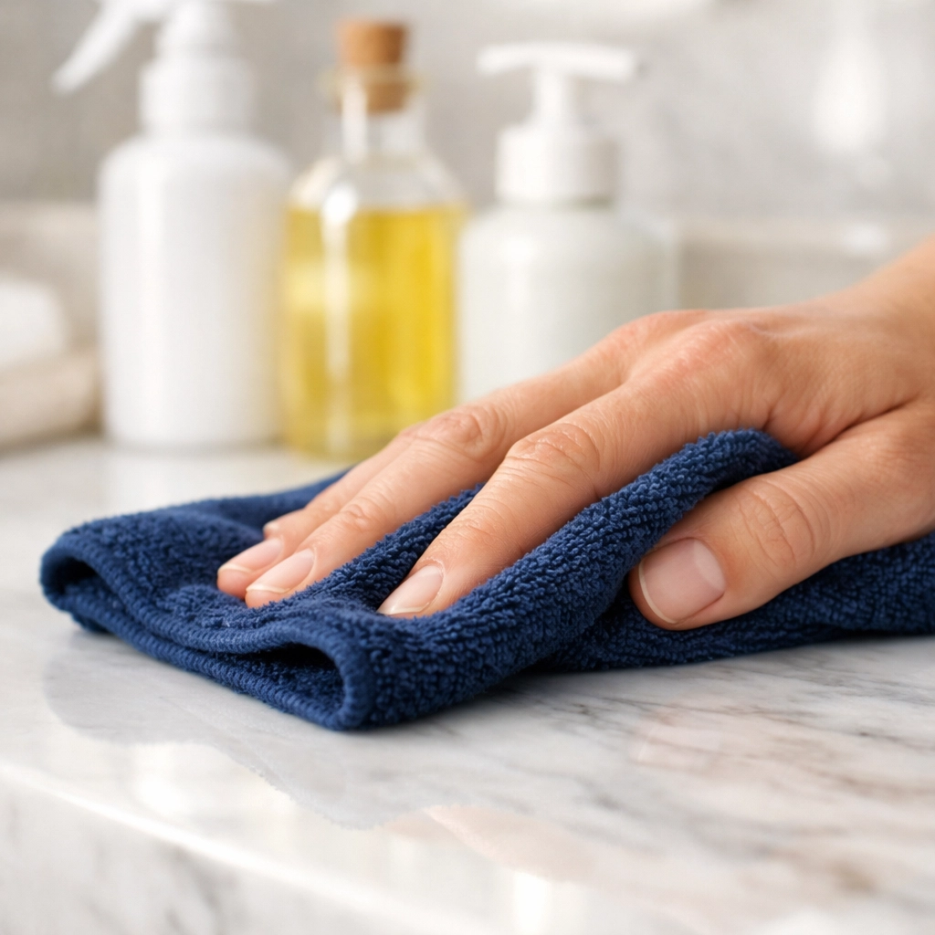 Professional Easton residential cleaning using eco-friendly products on a luxury white marble bathroom vanity.