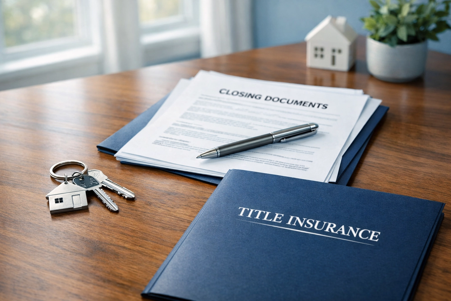 Title insurance closing documents with house keys on desk in Florida