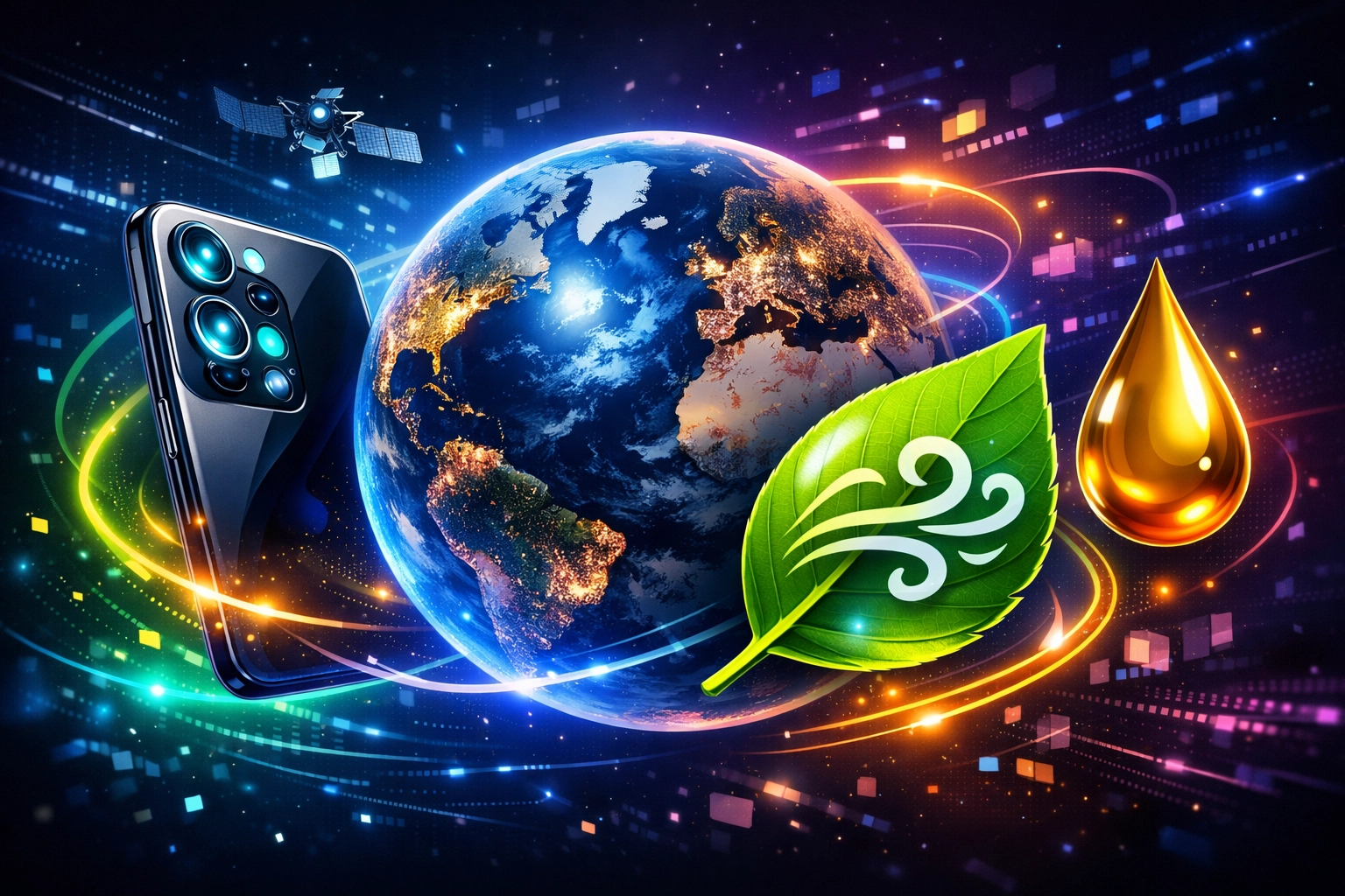 Global icons representing technology, environmental health, and energy market news trends.