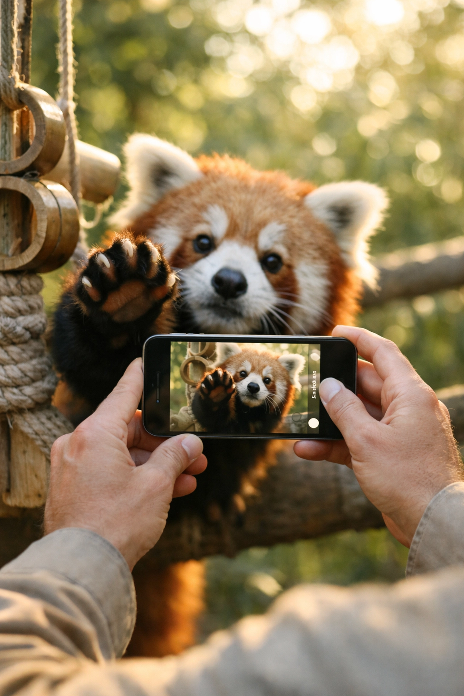 Zoo keeper capturing behind-the-scenes red panda content on smartphone for social media marketing