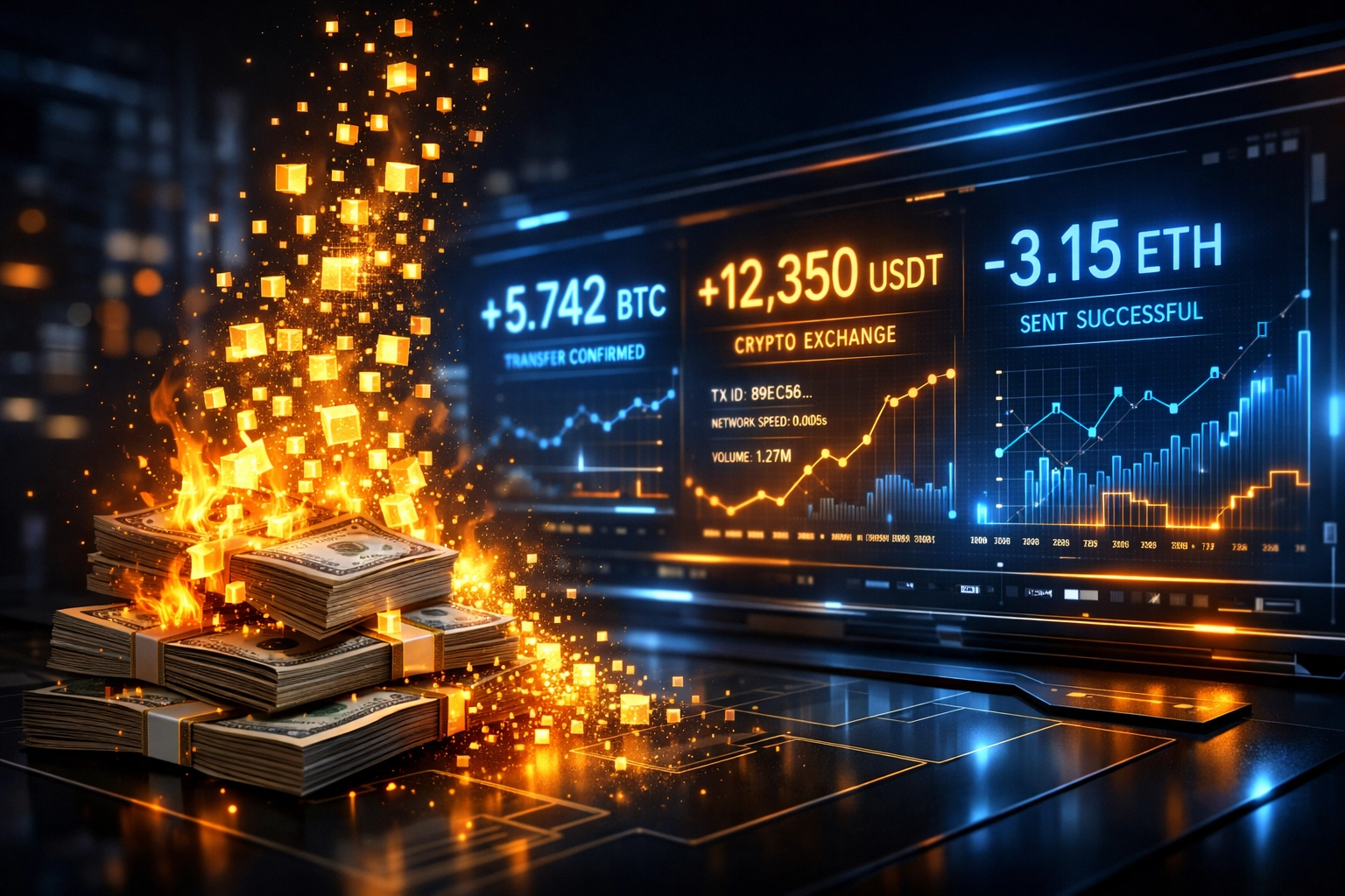 Traditional payment fees burning away transforming into blockchain crypto transactions with lower costs